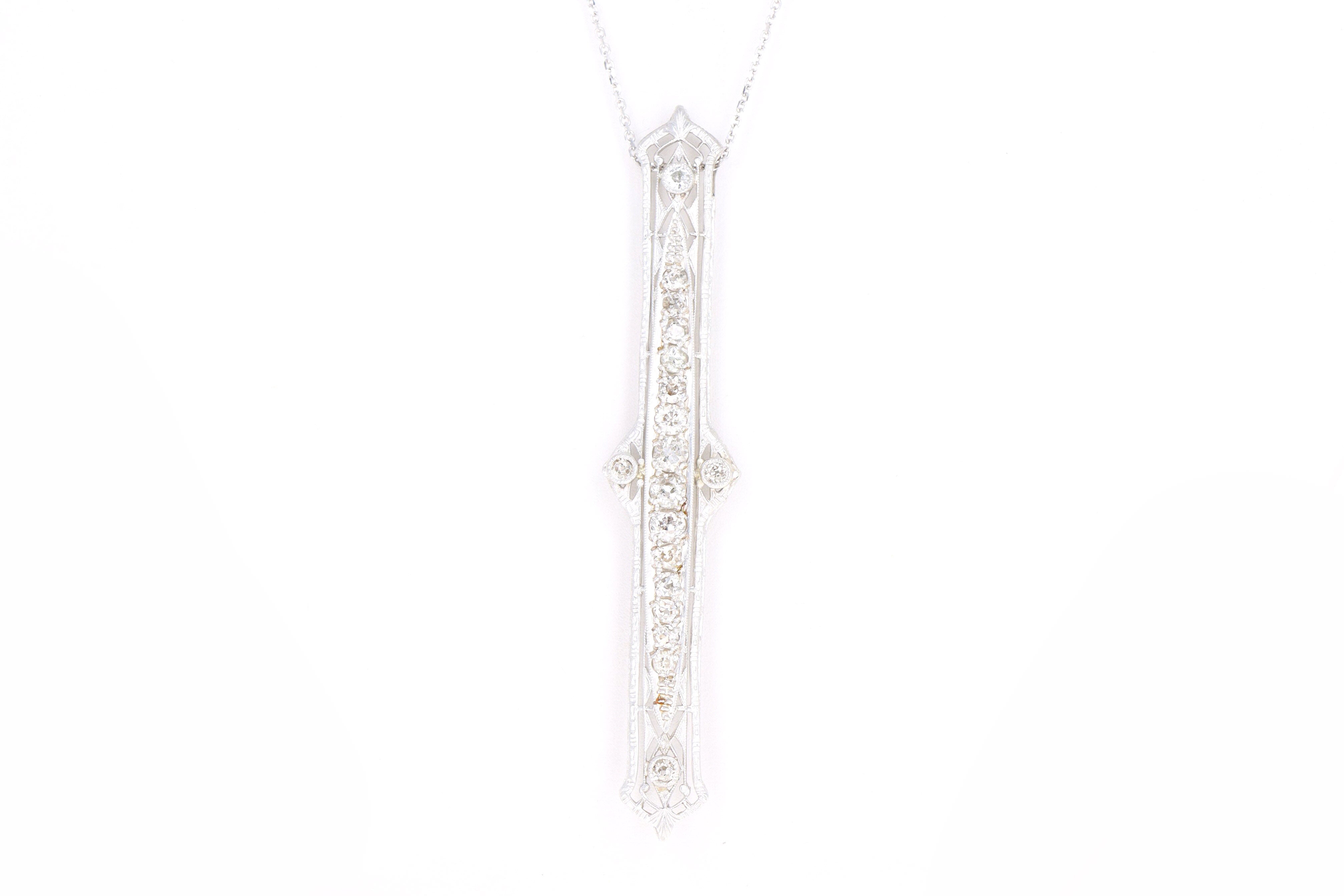 Art Deco 14K White Gold 1.30 Carat Total Weight Old European Diamond Bar Pin Conversion Pendant Necklace - Queen May