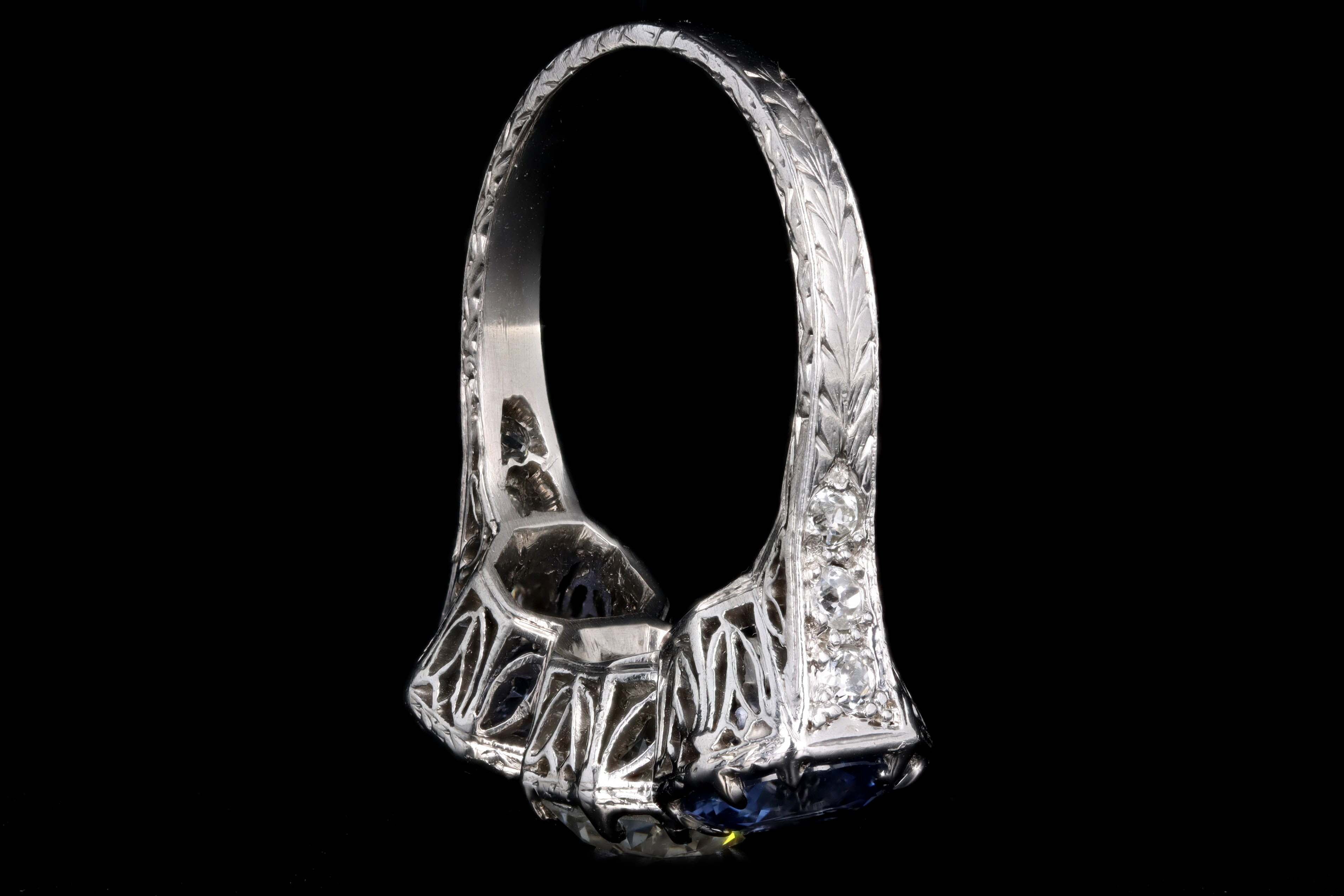 Art Deco Platinum Old European Cut Diamond & Sapphire Three Stone Ring GIA Certified - Queen May