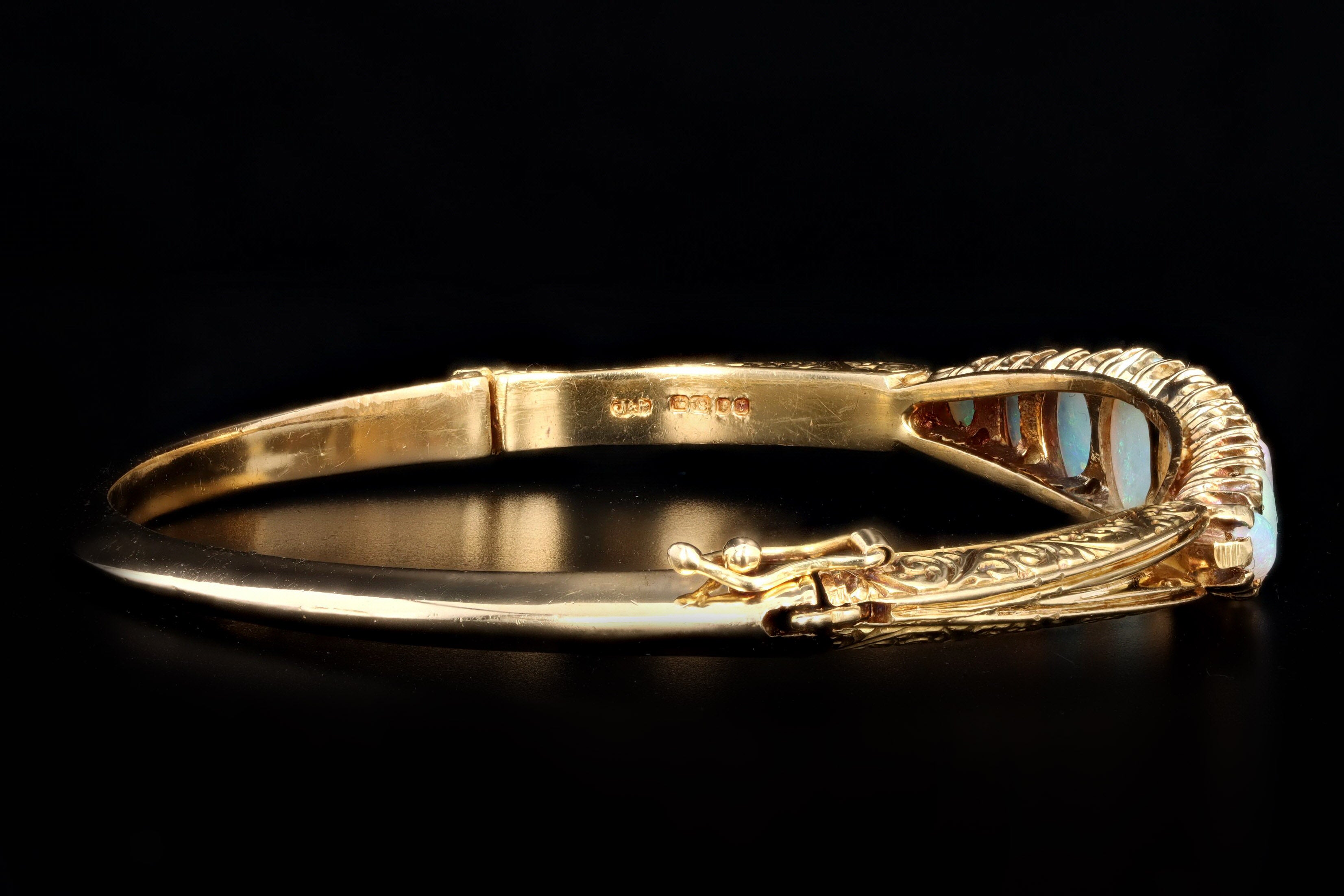 Victorian Inspired 18K Yellow Gold Natural Opal & Diamond Bangle - Queen May