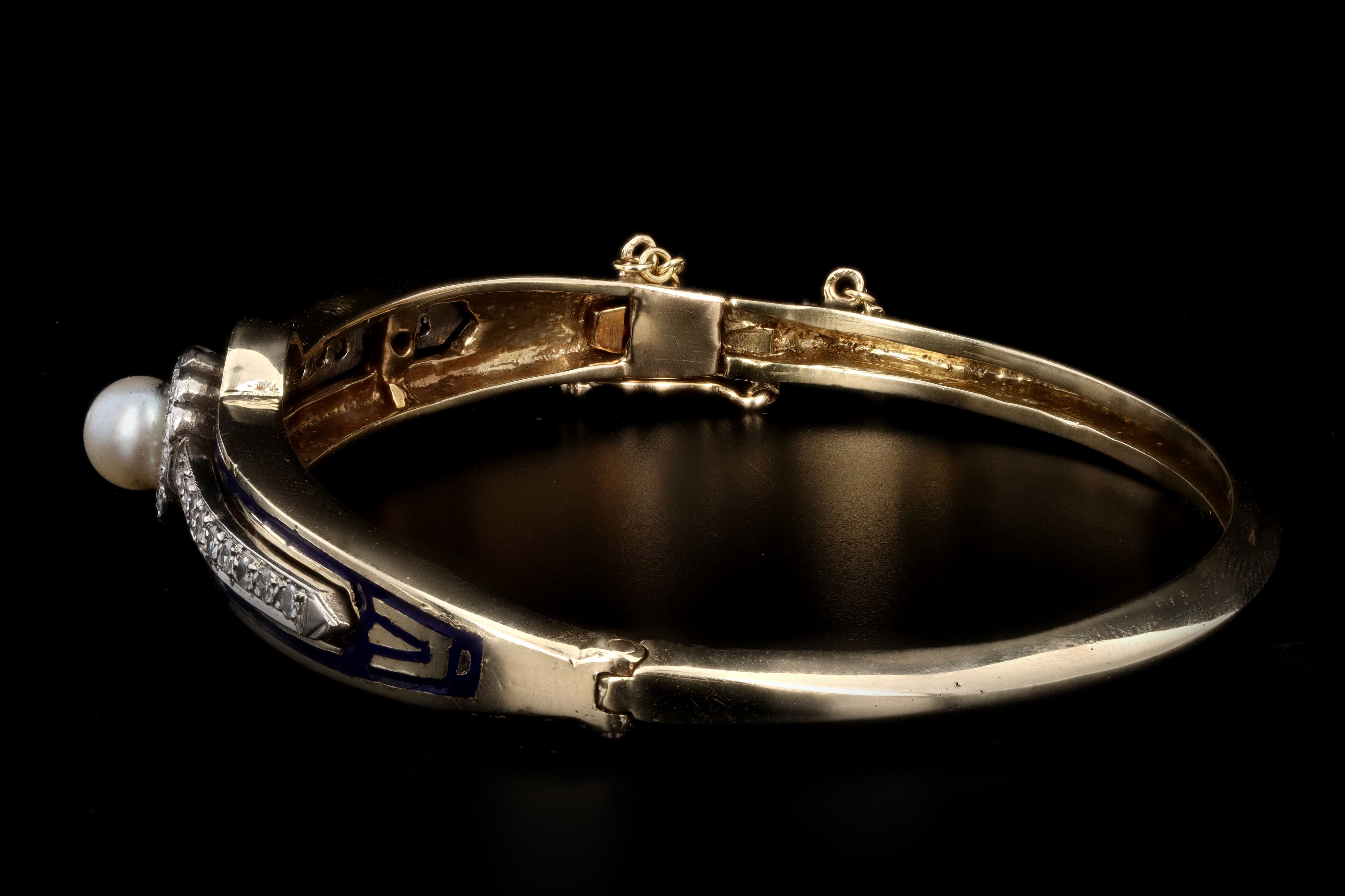 Victorian 14K Yellow Gold Enamel Pearl & Diamond Bangle - Queen May