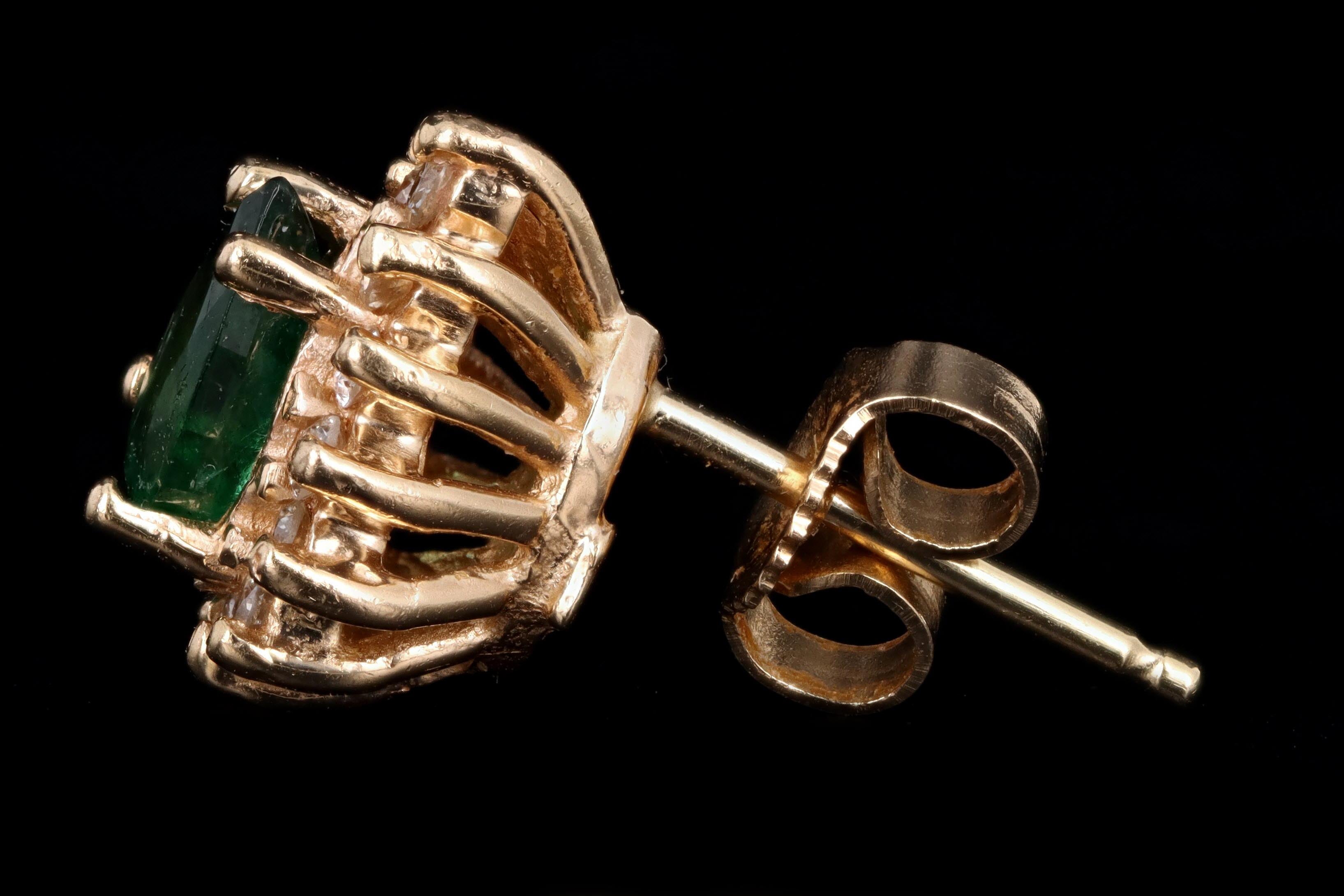 Vintage 14K Yellow Gold Natural Emerald & Diamond Halo Stud Earrings - Queen May