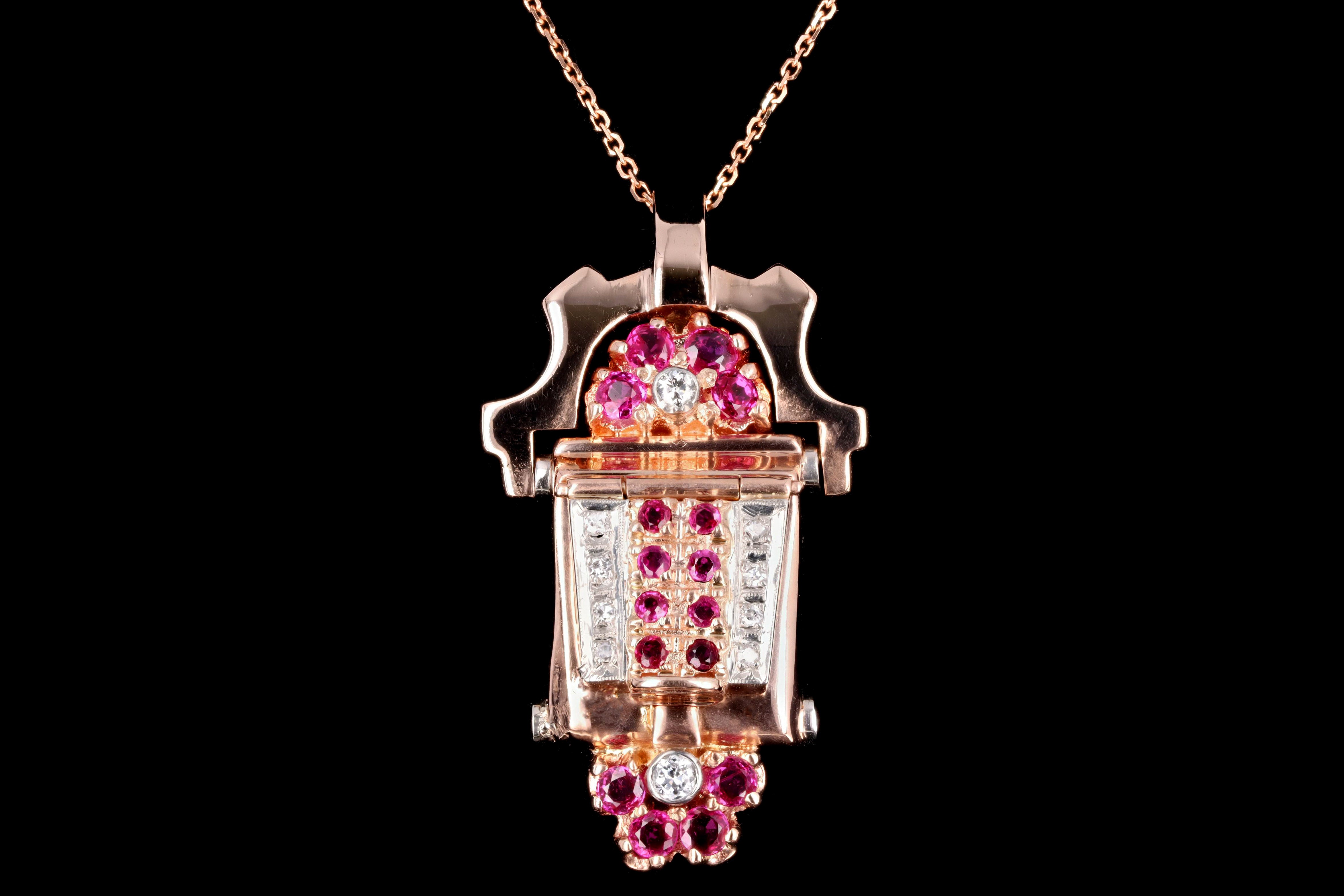 Retro 14K Rose Gold Natural Ruby & Diamond Watch Conversion Pendant Necklace - Queen May