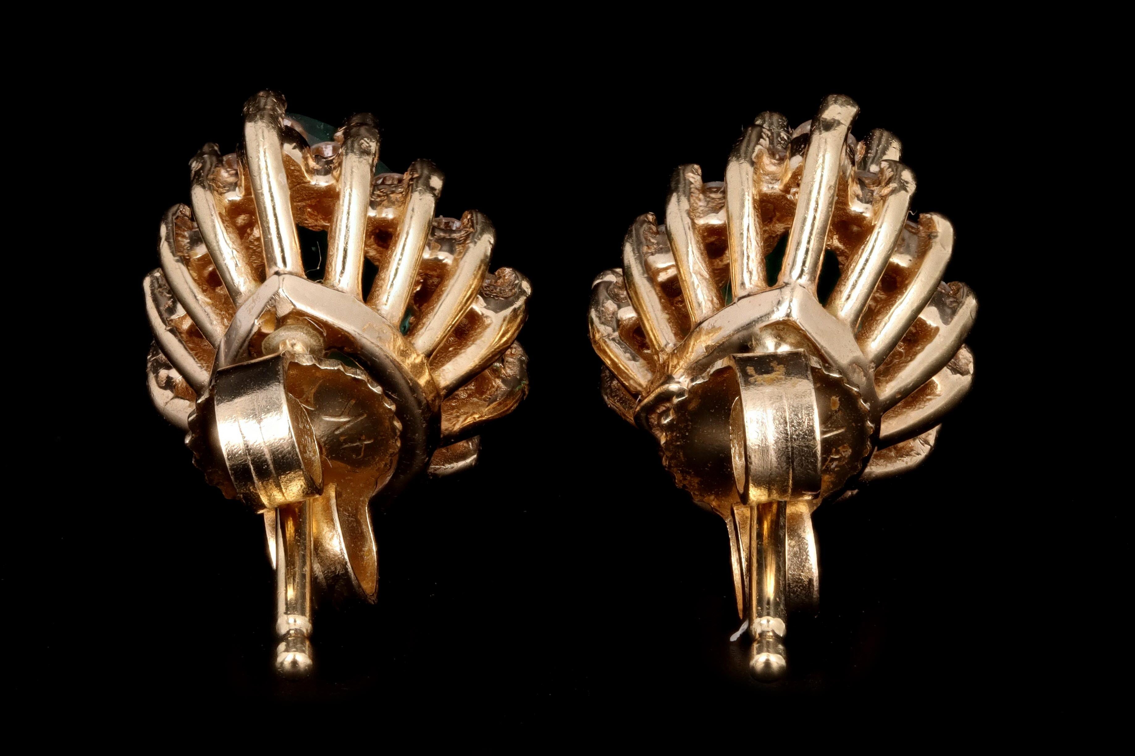 Vintage 14K Yellow Gold Natural Emerald & Diamond Halo Stud Earrings - Queen May