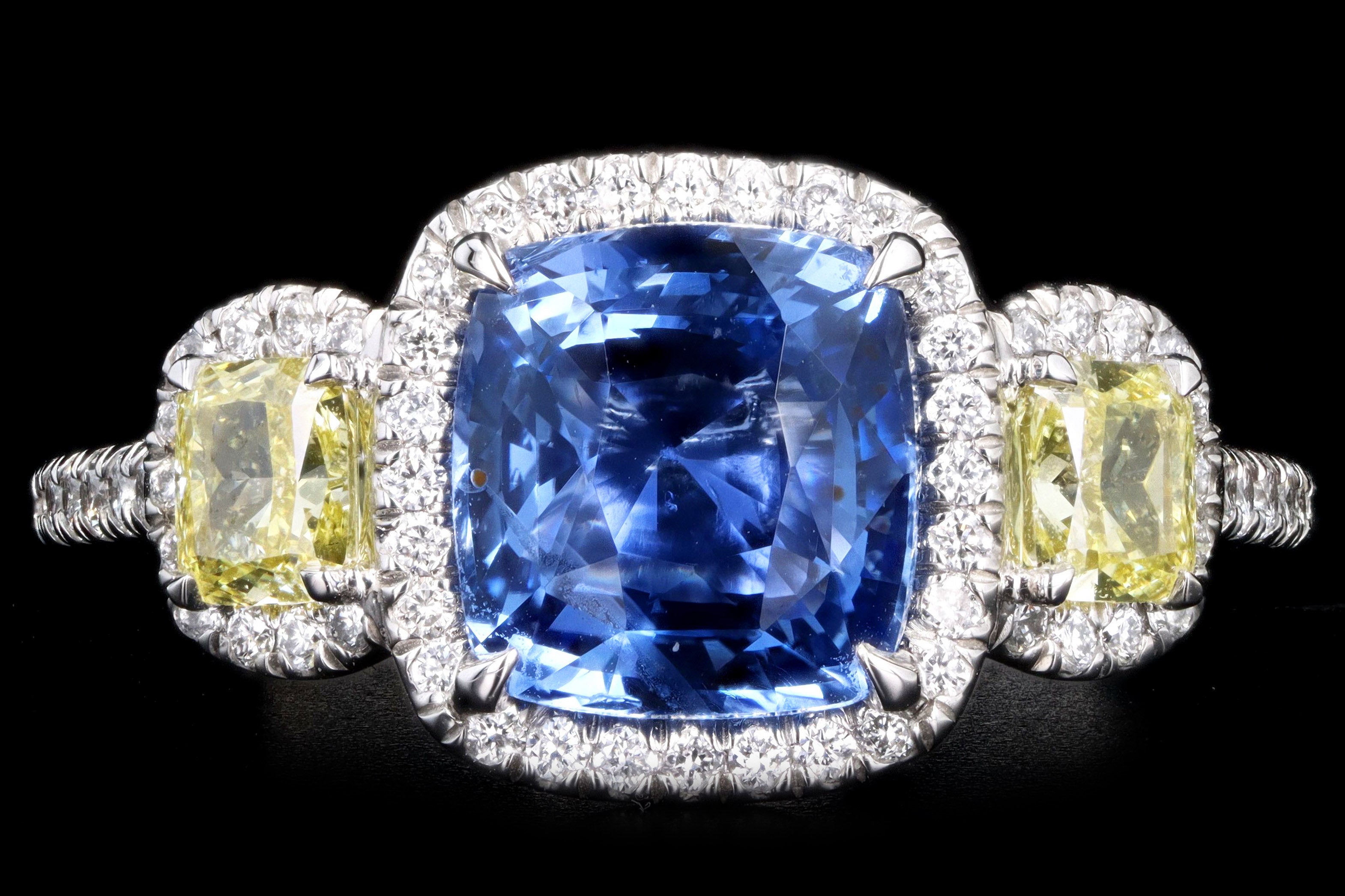New Platinum 3.15 Carat Cushion Cut Natural No Heat Ceylon Sapphire & Yellow Diamond Ring - Queen May