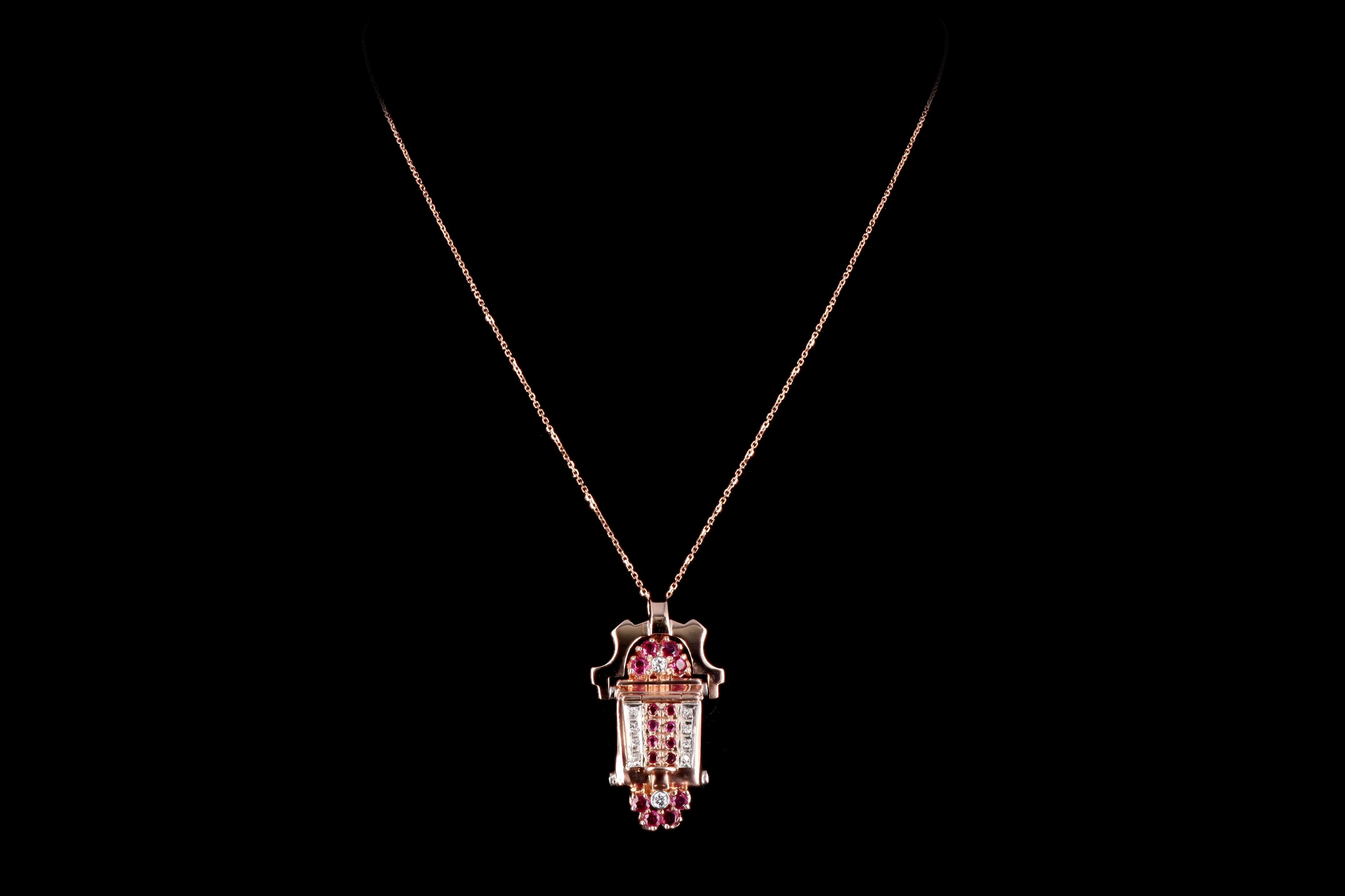 Retro 14K Rose Gold Natural Ruby & Diamond Watch Conversion Pendant Necklace - Queen May