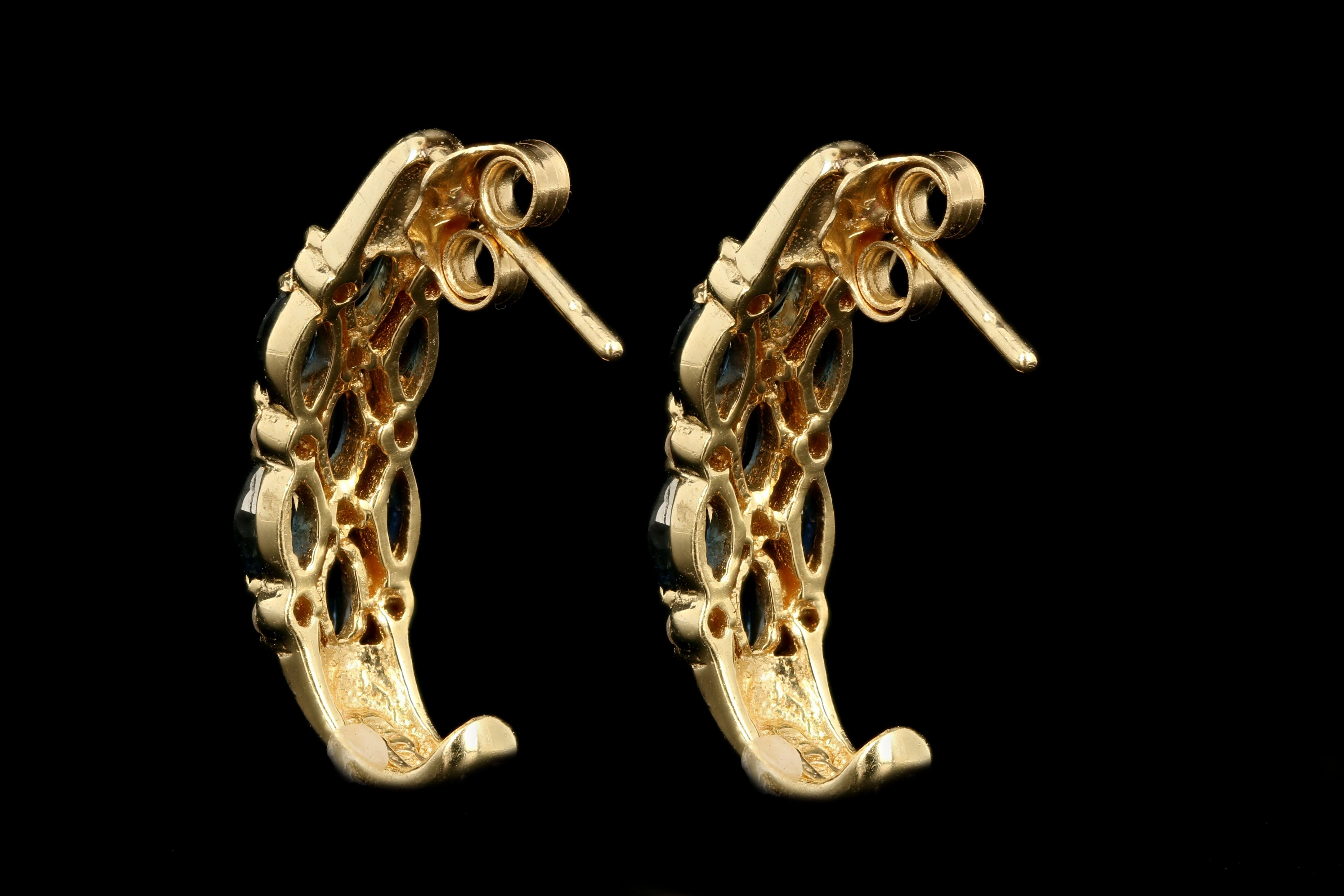 Vintage 14K Yellow Gold Natural Sapphire & Diamond Hoop Earrings - Queen May