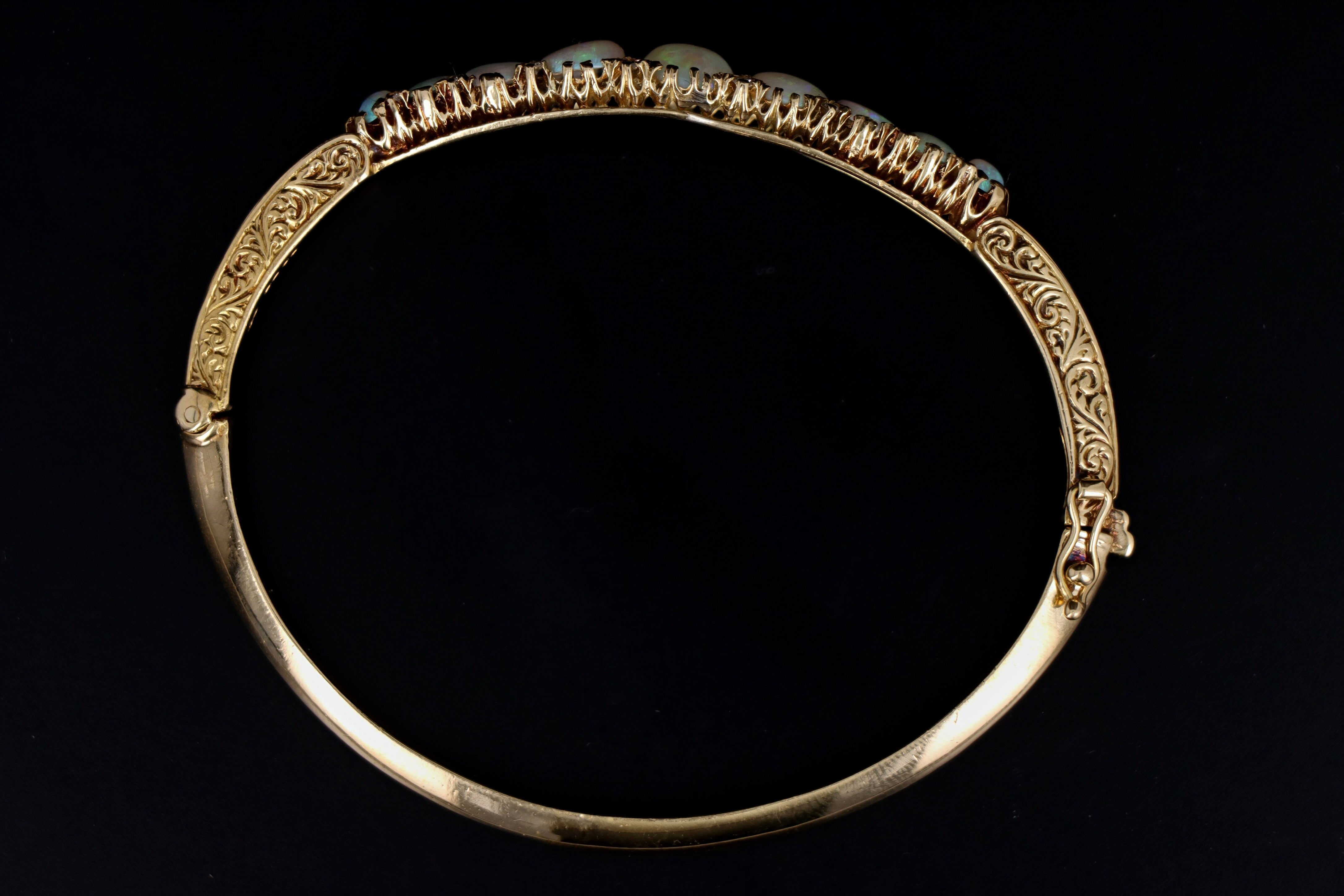 Victorian Inspired 18K Yellow Gold Natural Opal & Diamond Bangle - Queen May