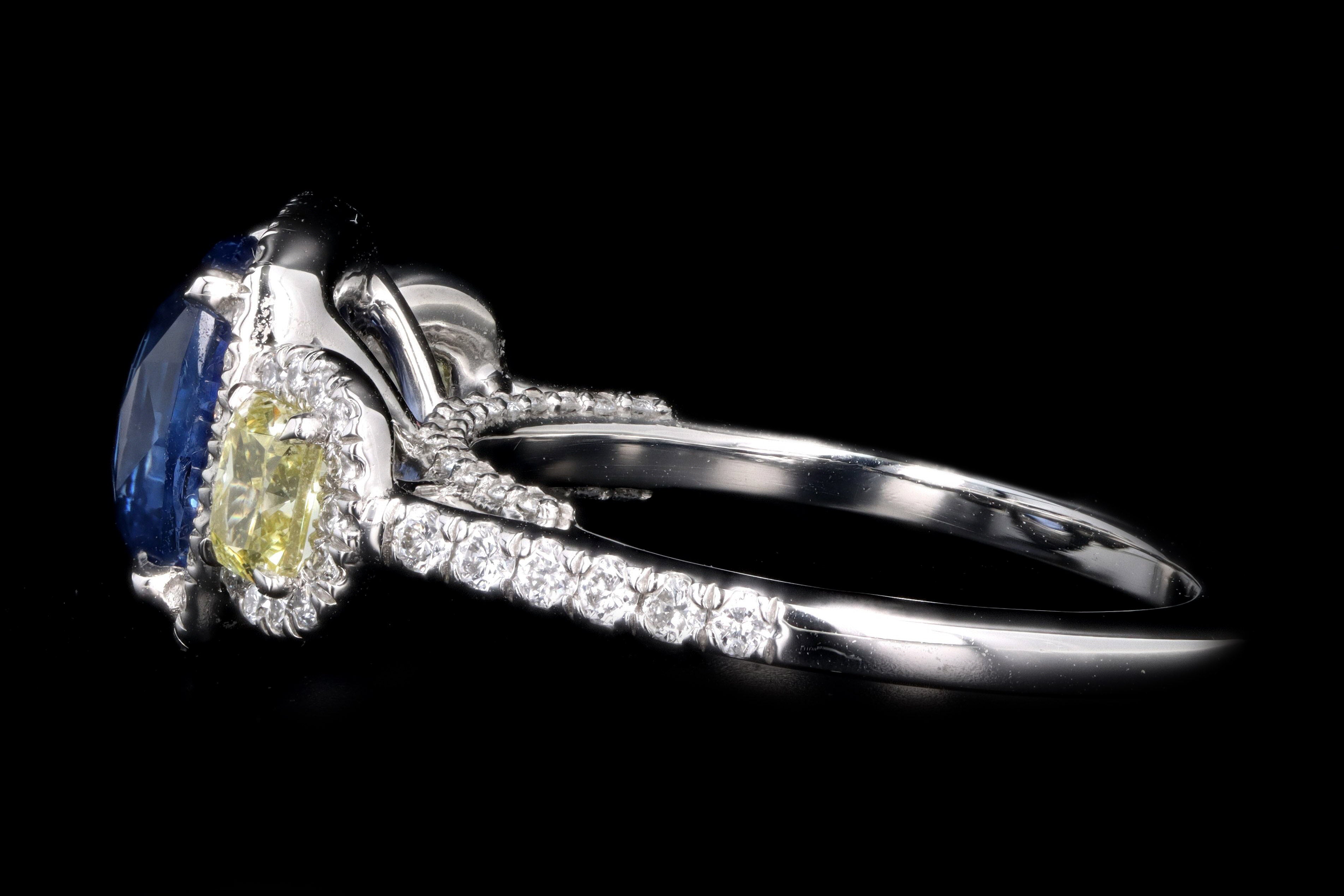 New Platinum 3.15 Carat Cushion Cut Natural No Heat Ceylon Sapphire & Yellow Diamond Ring - Queen May