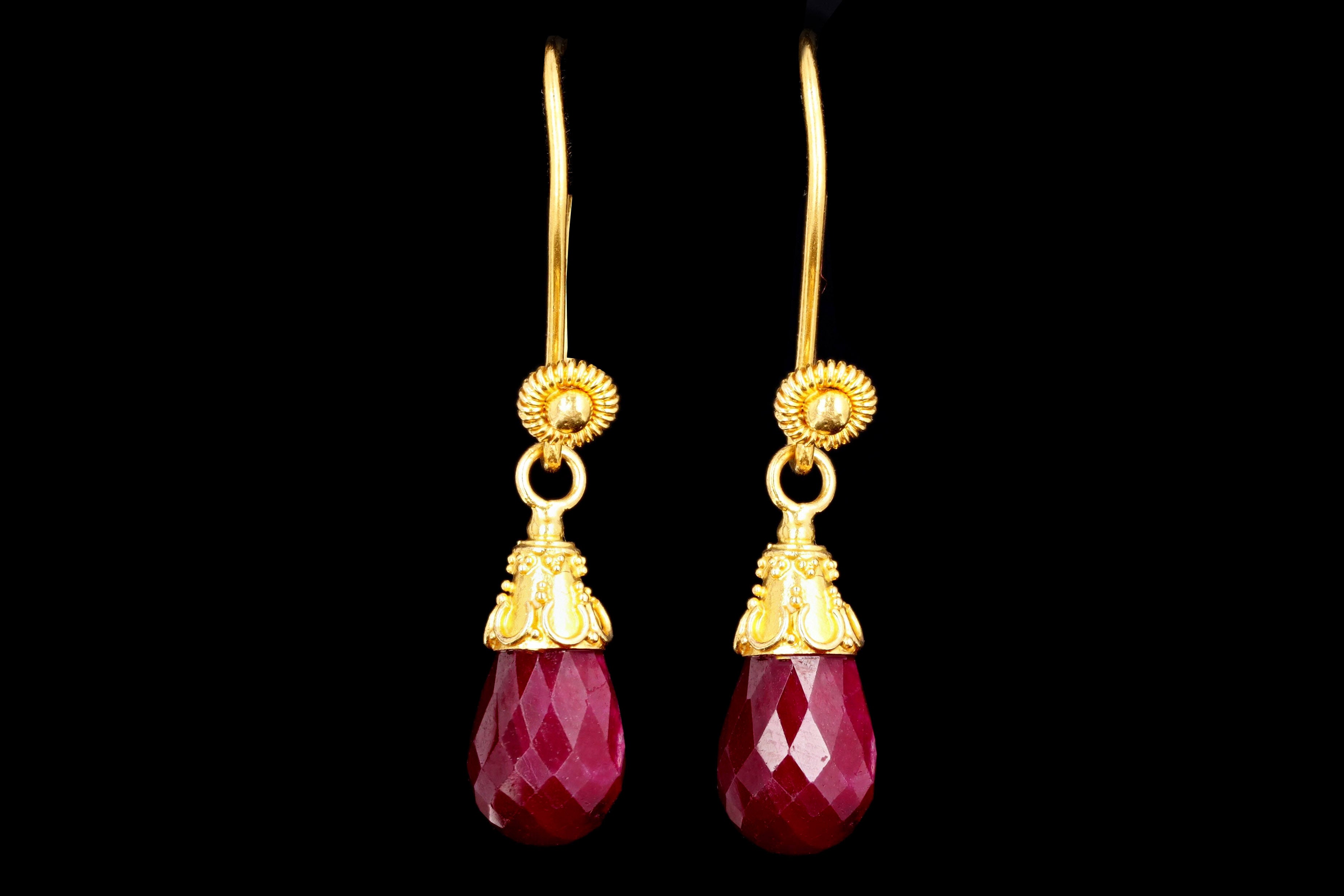 Vintage 22K Yellow Gold Briolette Cut Natural Ruby Drop Earrings - Queen May