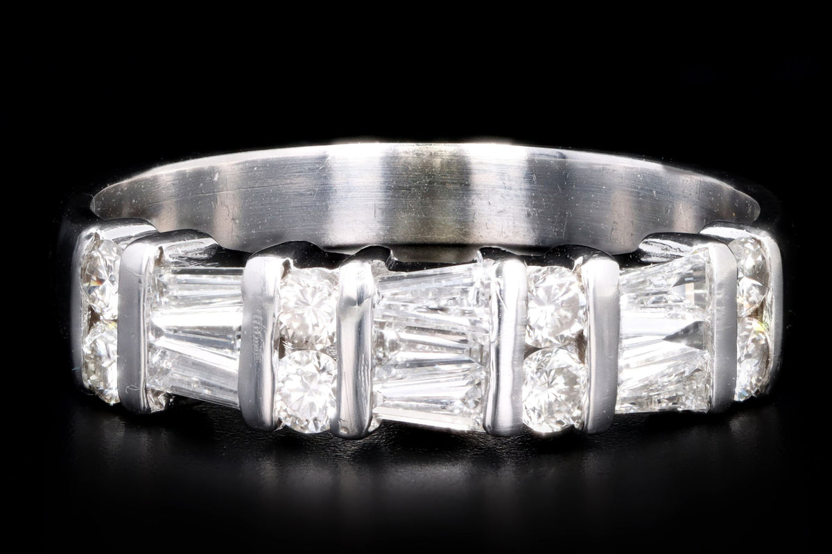 Modern 14K White Gold 1 Carat Tapered Baguette & Round Brilliant Diamond Wedding Band - Queen May