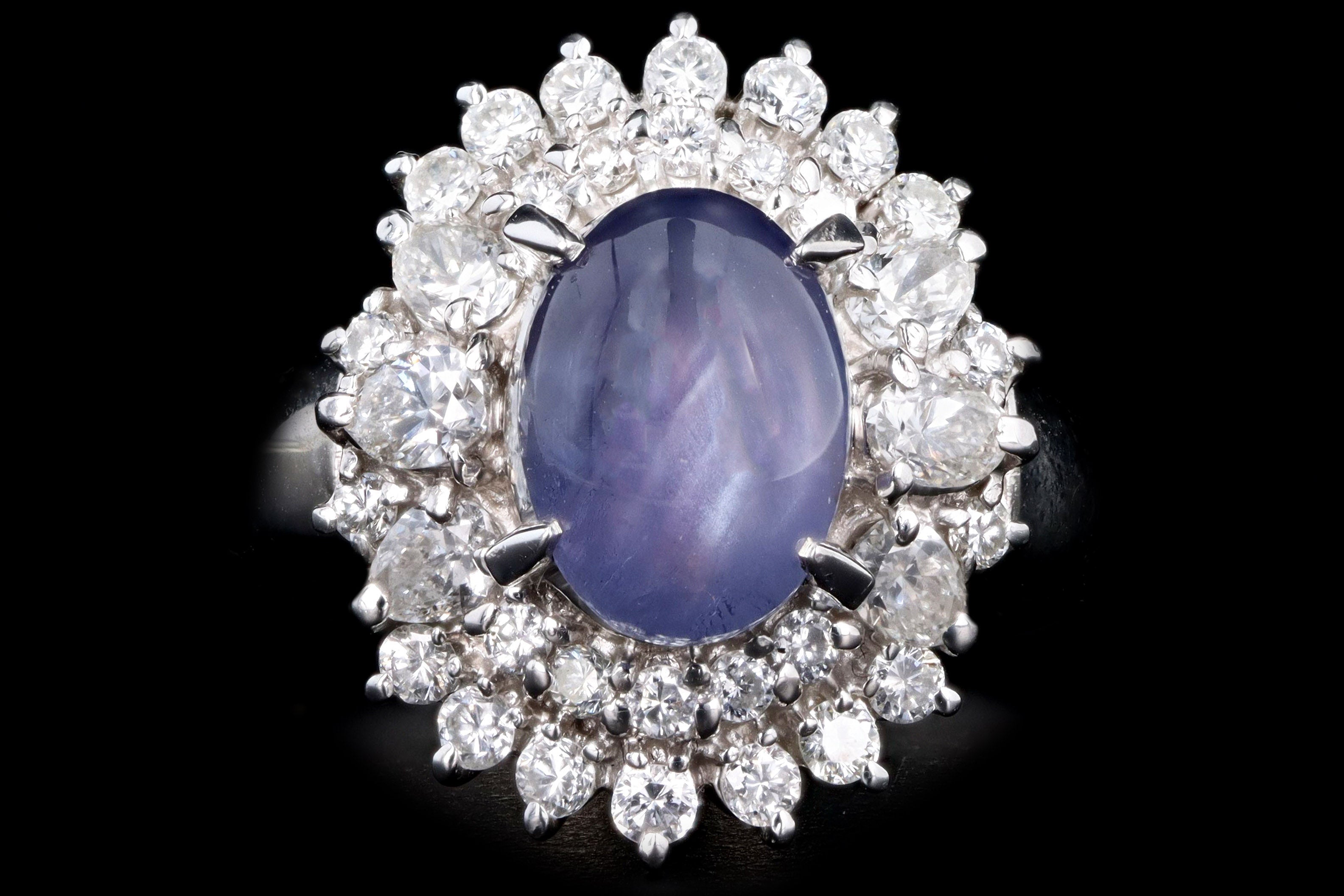 Retro Platinum 2.63 Carat Oval Cabochon Cut Natural Star Sapphire & Diamond Ballerina Ring - Queen May