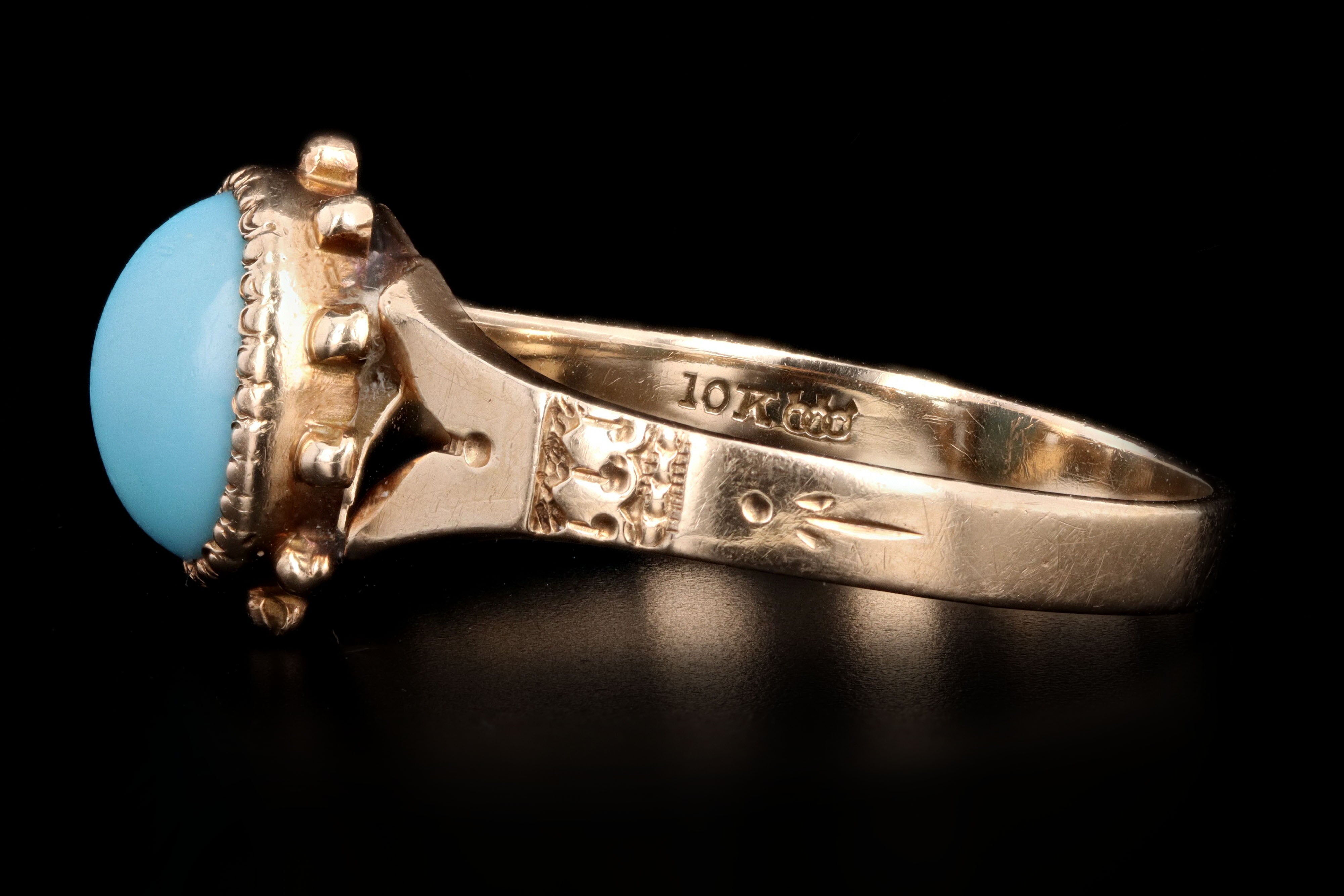 Victorian 10K Yellow Gold Oval Cabochon Cut Imitation Turquoise Ring - Queen May