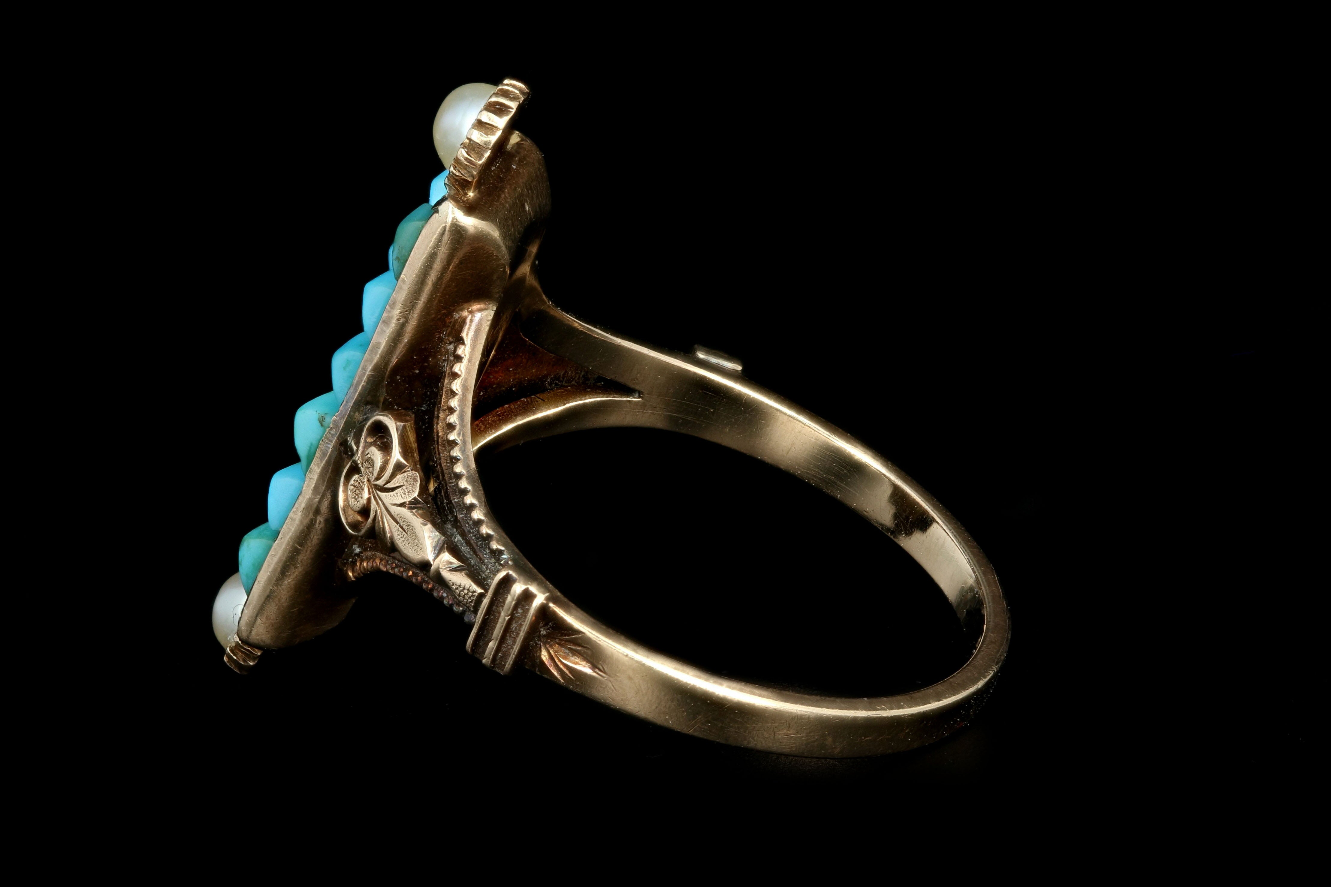Victorian 14K Rose Gold Natural Turquoise & Pearl Ring - Queen May
