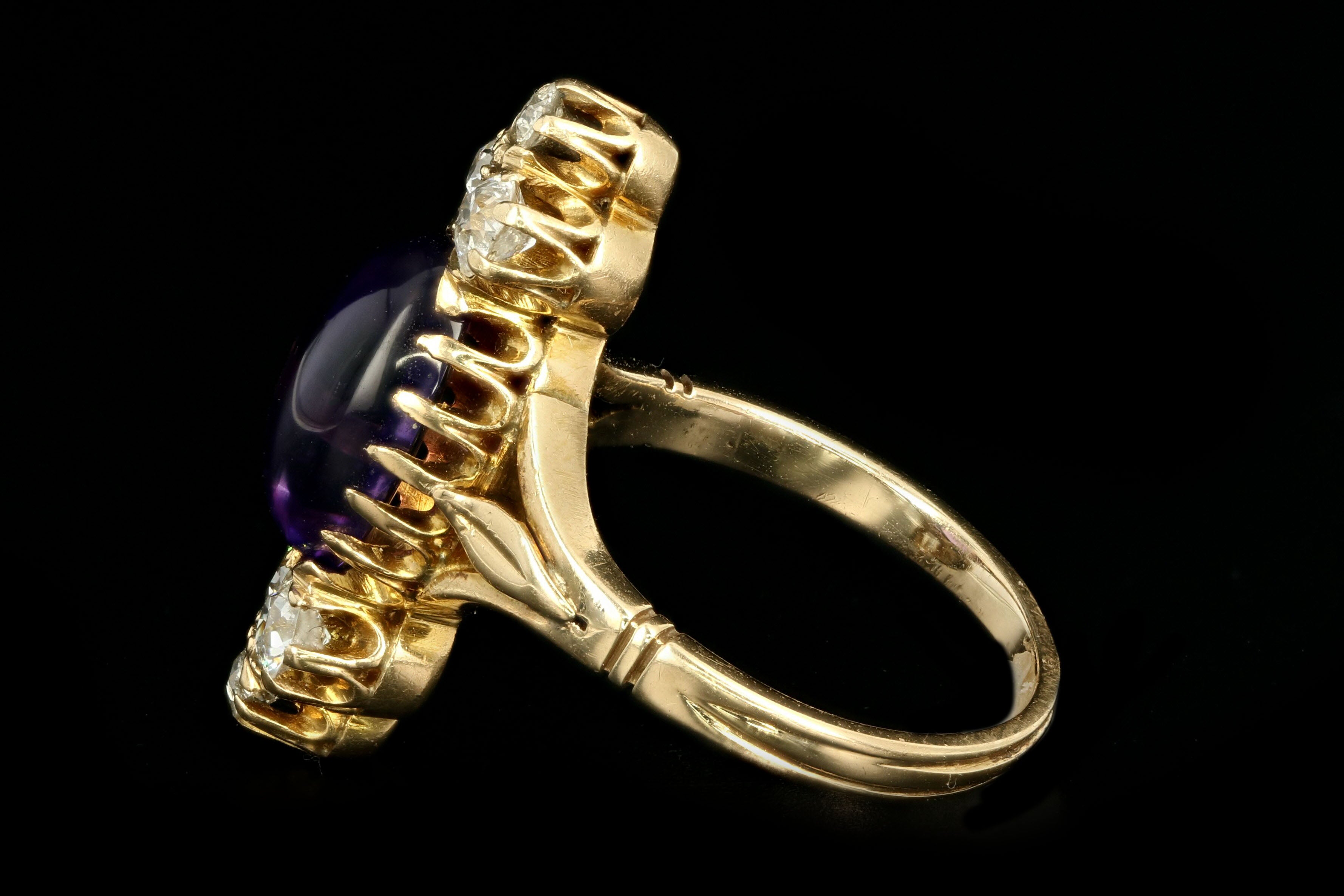 Victorian 14K Yellow Gold 2.77 Carat Cabochon Amethyst & Diamond Ring - Queen May