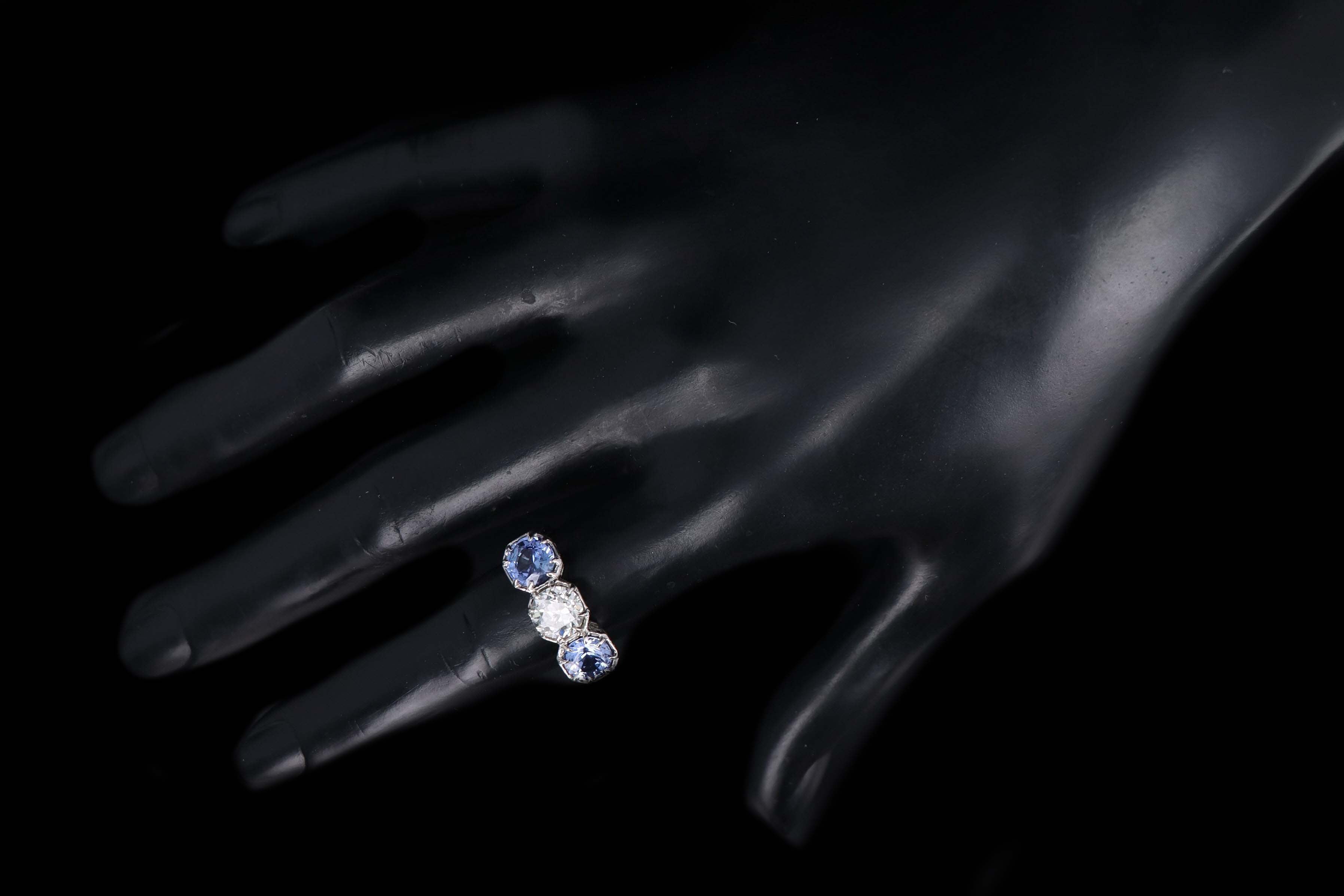 Art Deco Platinum Old European Cut Diamond & Sapphire Three Stone Ring GIA Certified - Queen May