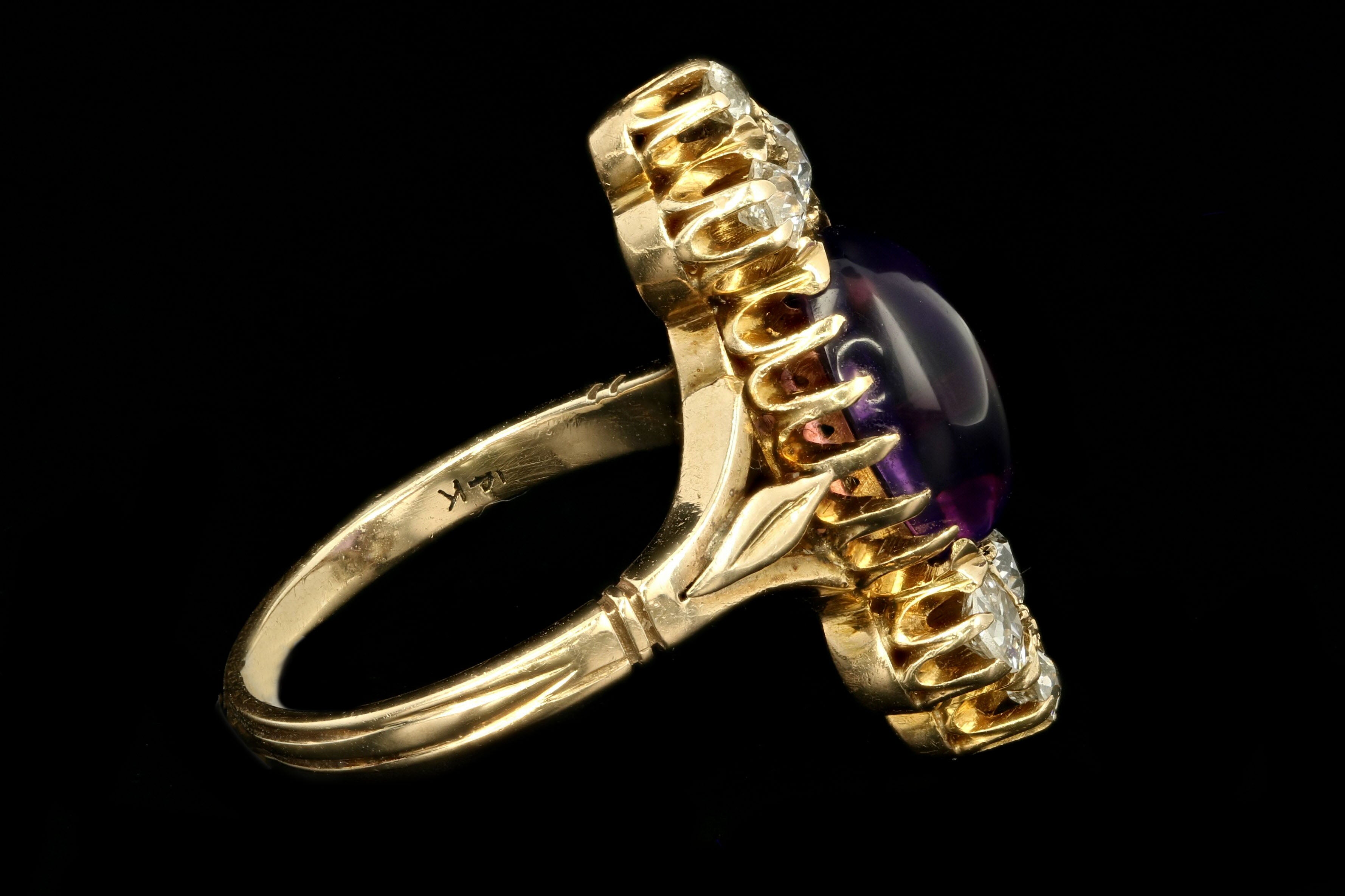 Victorian 14K Yellow Gold 2.77 Carat Cabochon Amethyst & Diamond Ring - Queen May
