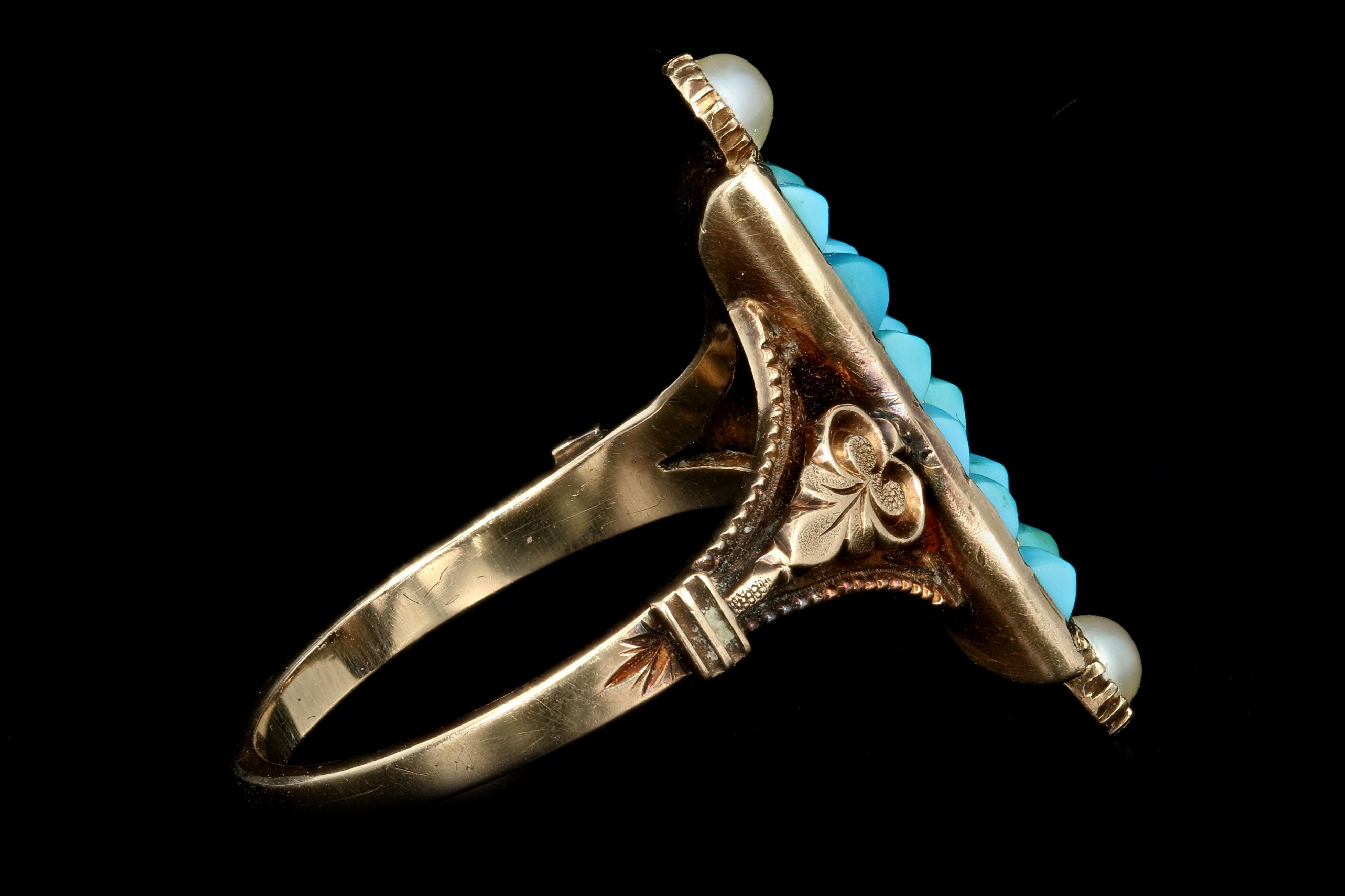 Victorian 14K Rose Gold Natural Turquoise & Pearl Ring - Queen May