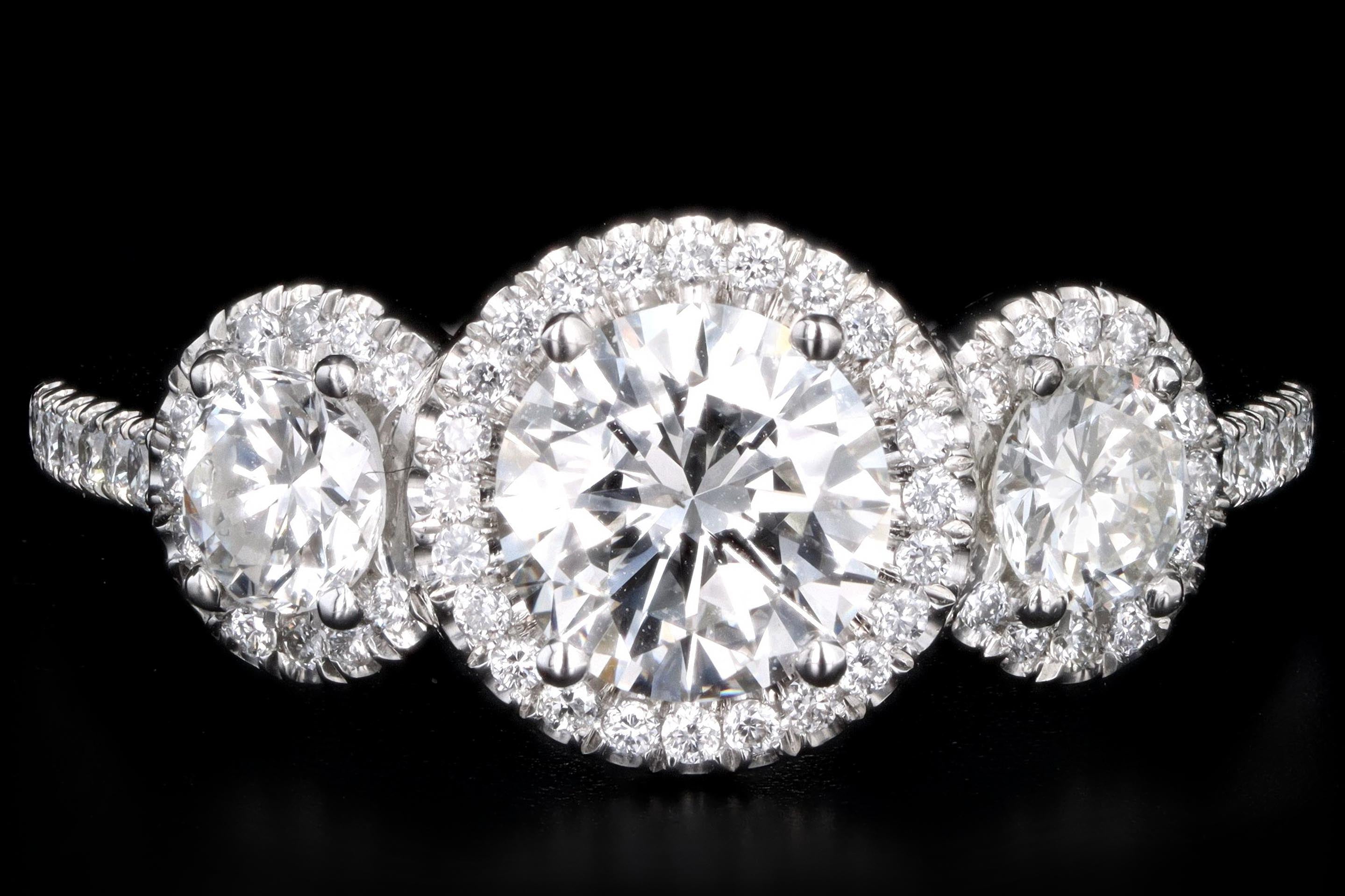 New Platinum 1.04 Carat Round Brilliant Diamond Halo Three Stone Engagement Ring GIA Certified - Queen May