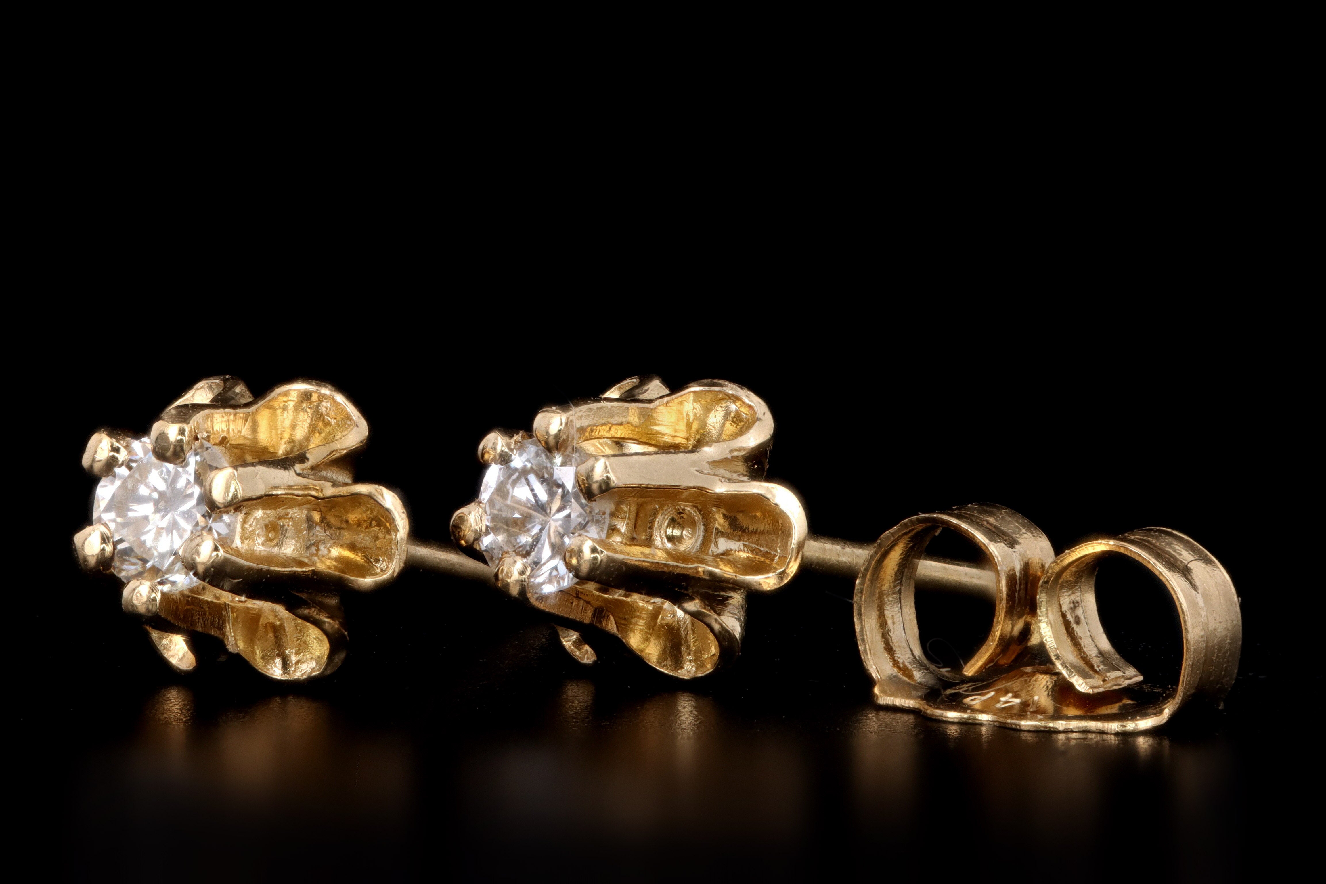 Vintage 14K Yellow Gold .10 Carat Total Weight Round Brilliant Cut Diamond Belcher Mounted Stud Earrings - Queen May