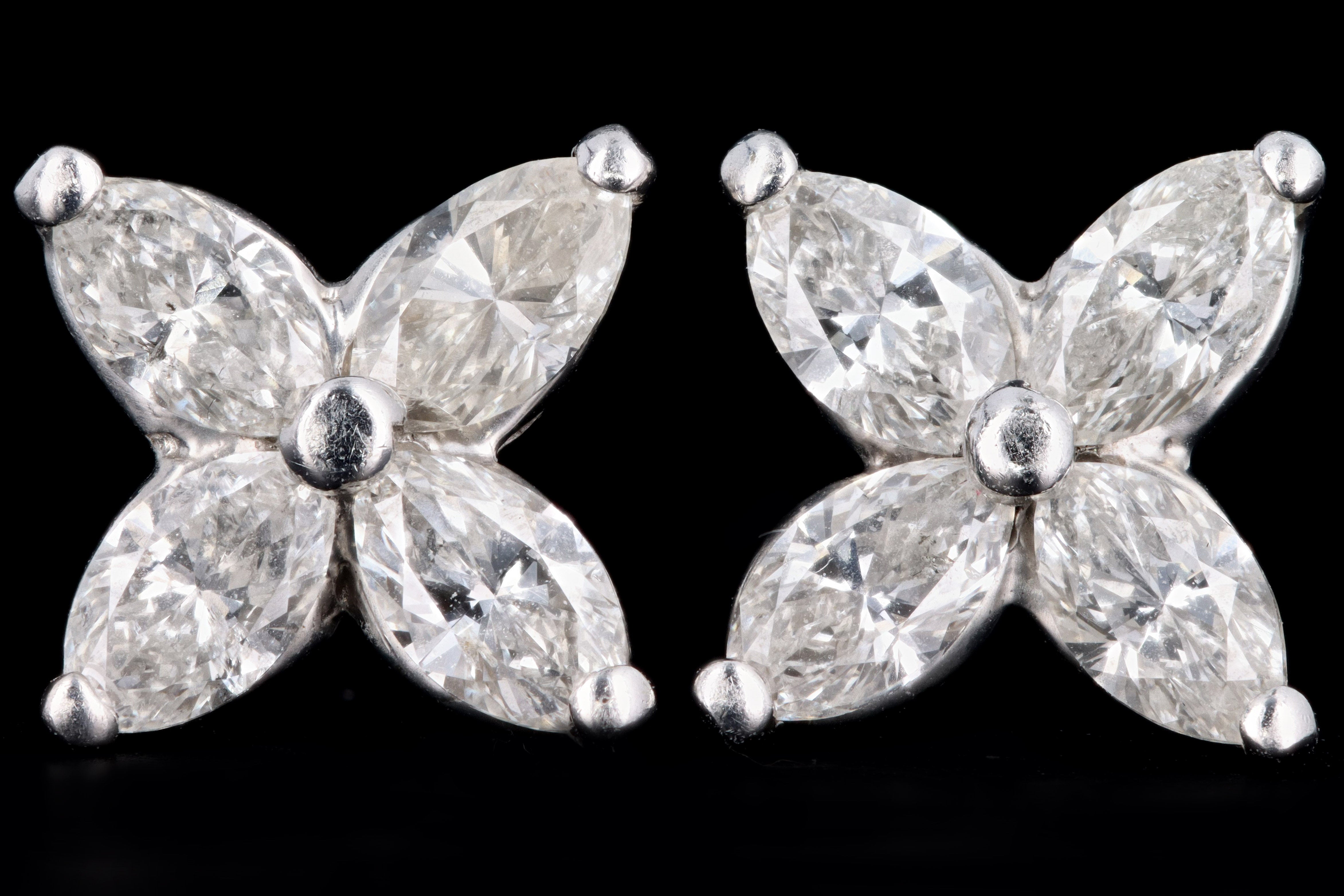 Modern 14K White Gold .75 Carat Marquise Cut Diamond Flower Stud Earrings - Queen May