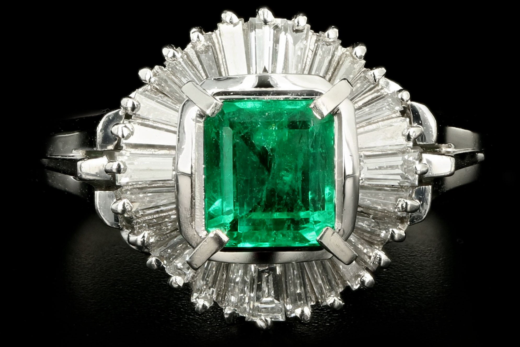 Retro Platinum .74 Carat Natural Emerald & Diamond Ballerina Ring - Queen May