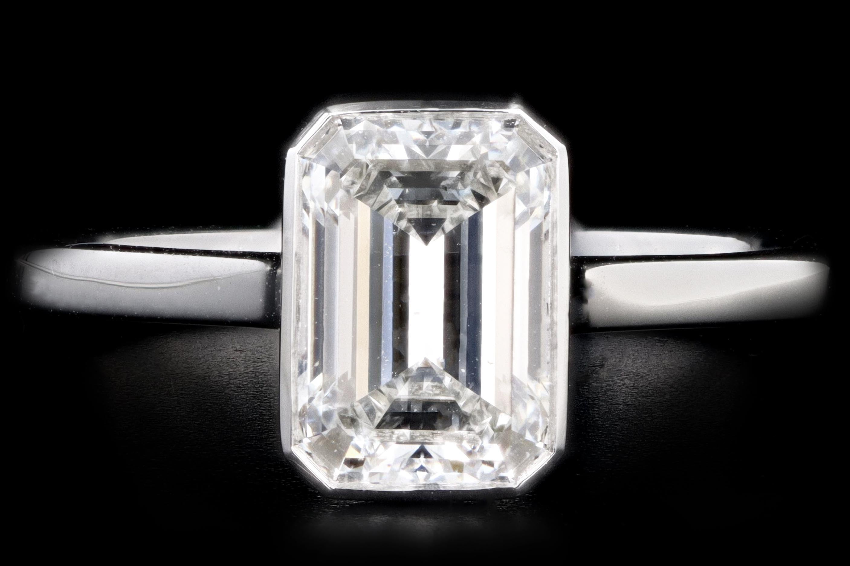 Platinum 1.37 Carat Emerald Cut Diamond Bezel Engagement Ring GIA Certified - Queen May