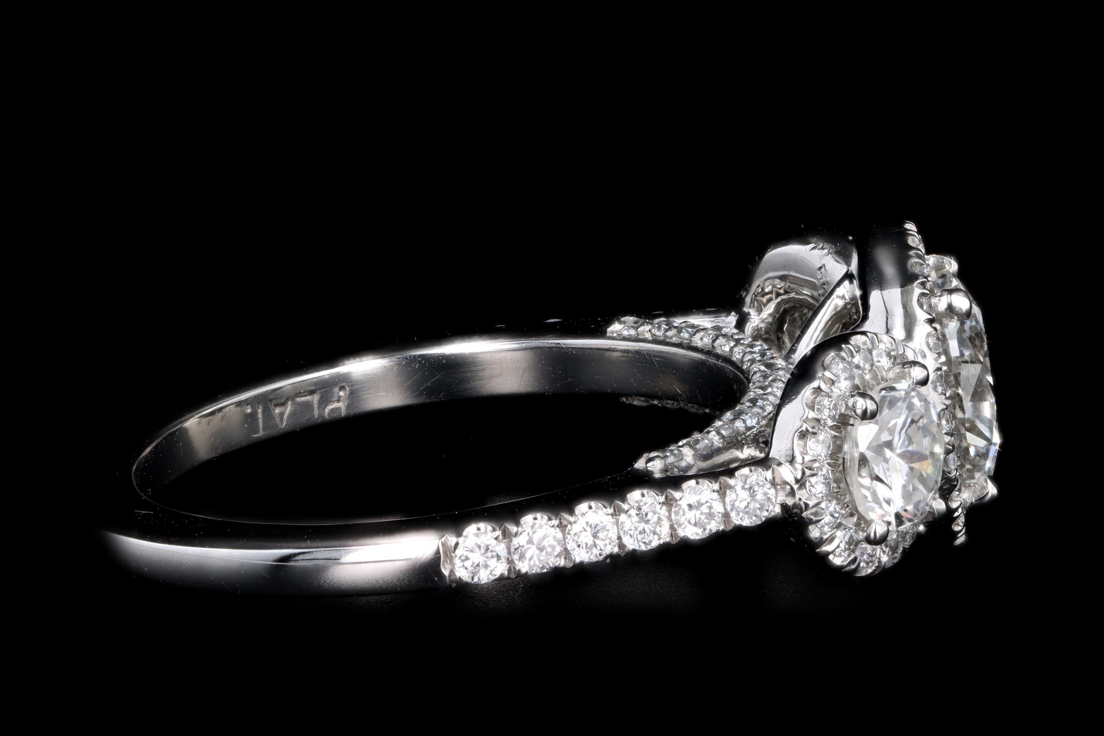 New Platinum 1.04 Carat Round Brilliant Diamond Halo Three Stone Engagement Ring GIA Certified - Queen May
