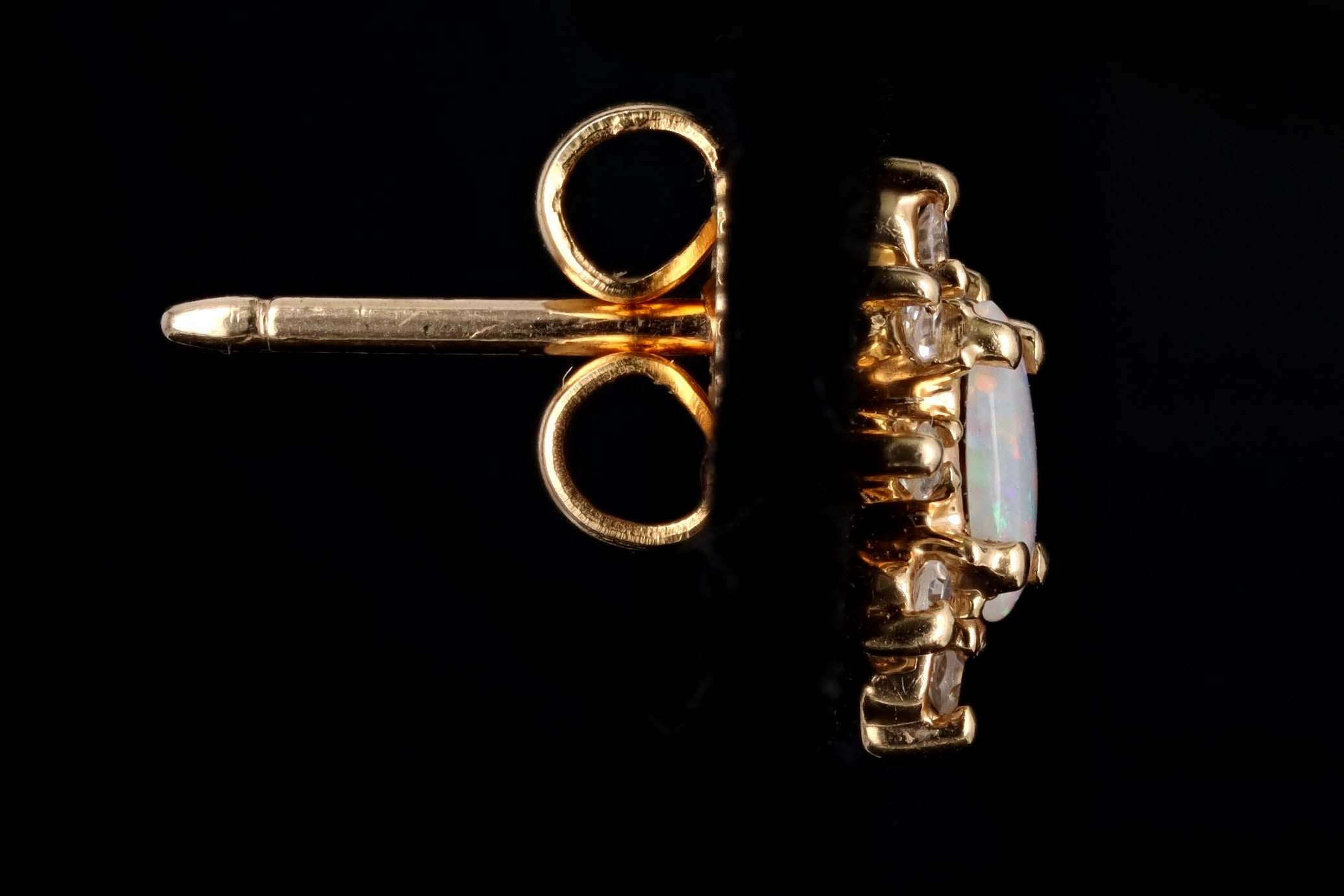 Vintage 14K Yellow Gold Natural Opal & Diamond Halo Stud Earrings - Queen May