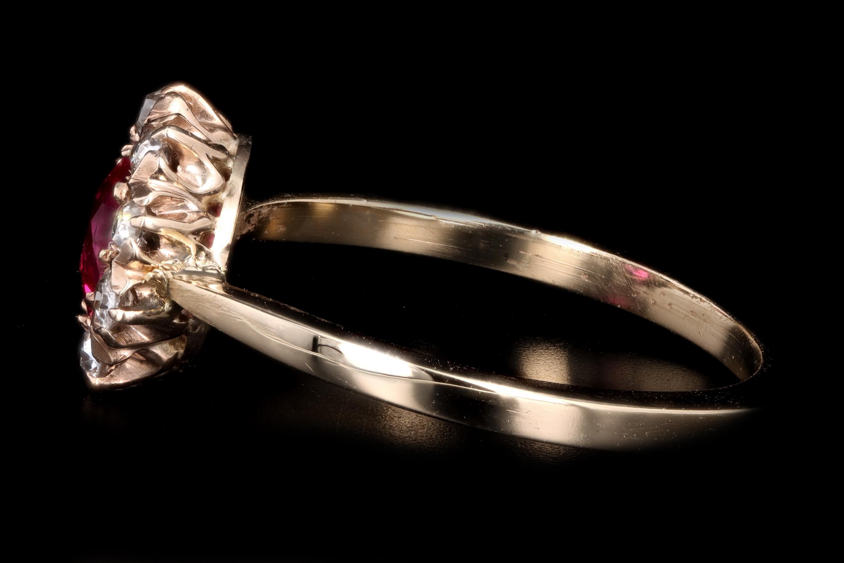 Victorian 14k Yellow Gold Synthetic Ruby & Diamond Stick Pin Conversion Ring - Queen May