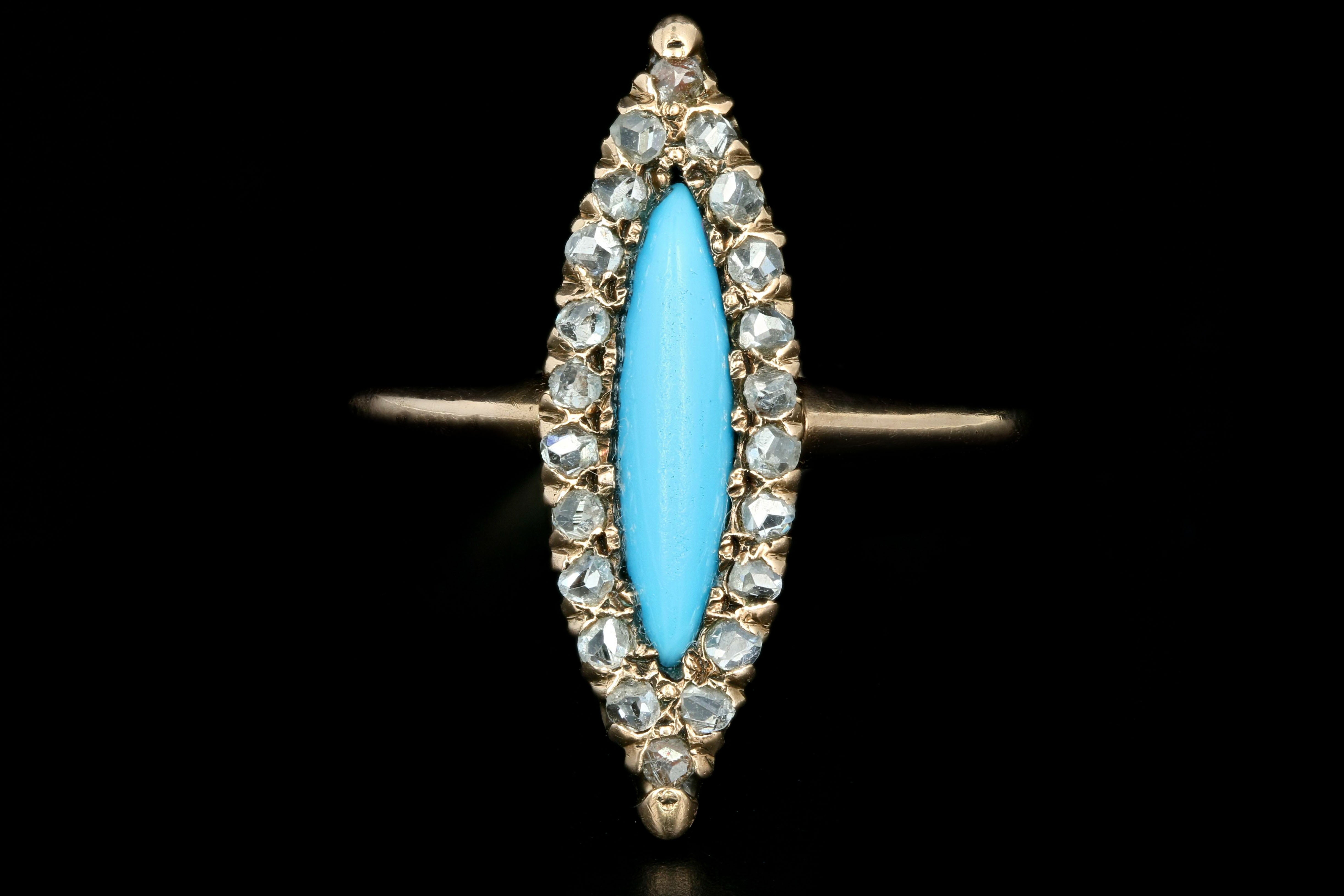 Victorian 10K Rose Gold Natural Turquoise & Rose Cut Diamond Navette Ring - Queen May