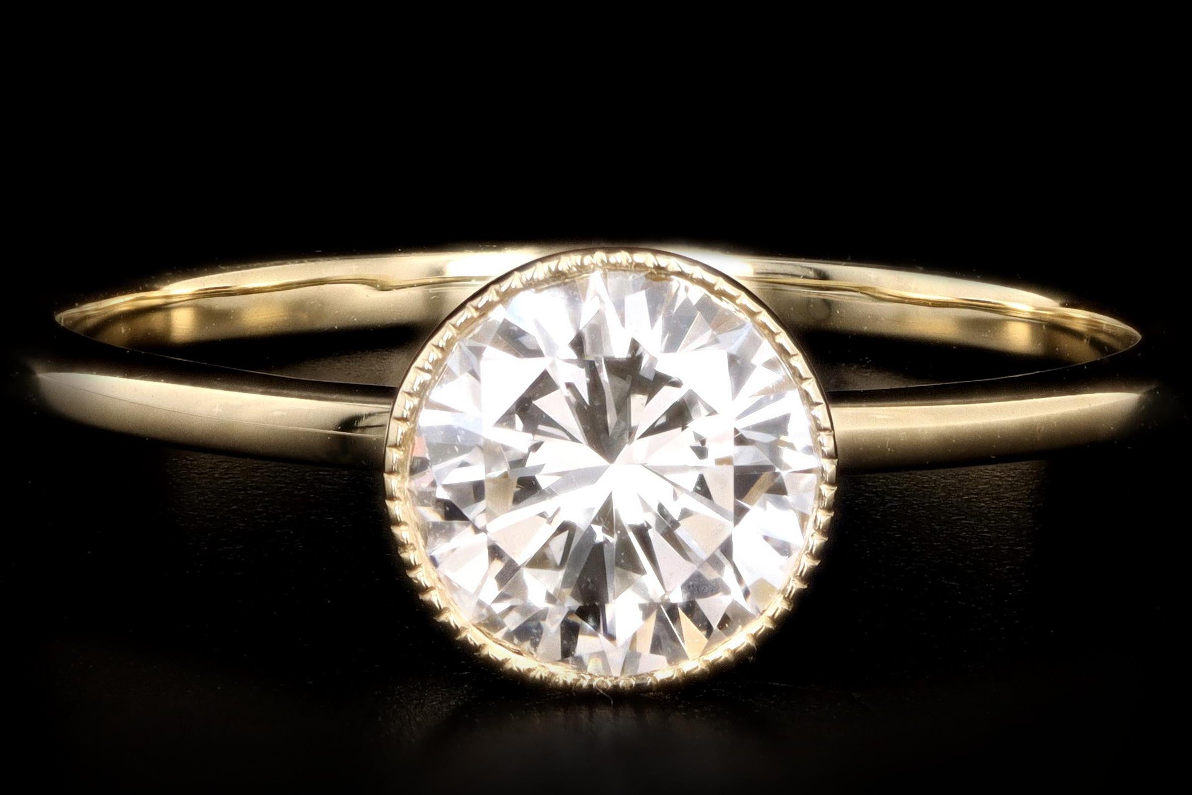 New 18K Yellow Gold .83 Carat Round Brilliant Diamond Bezel Engagement Ring - Queen May