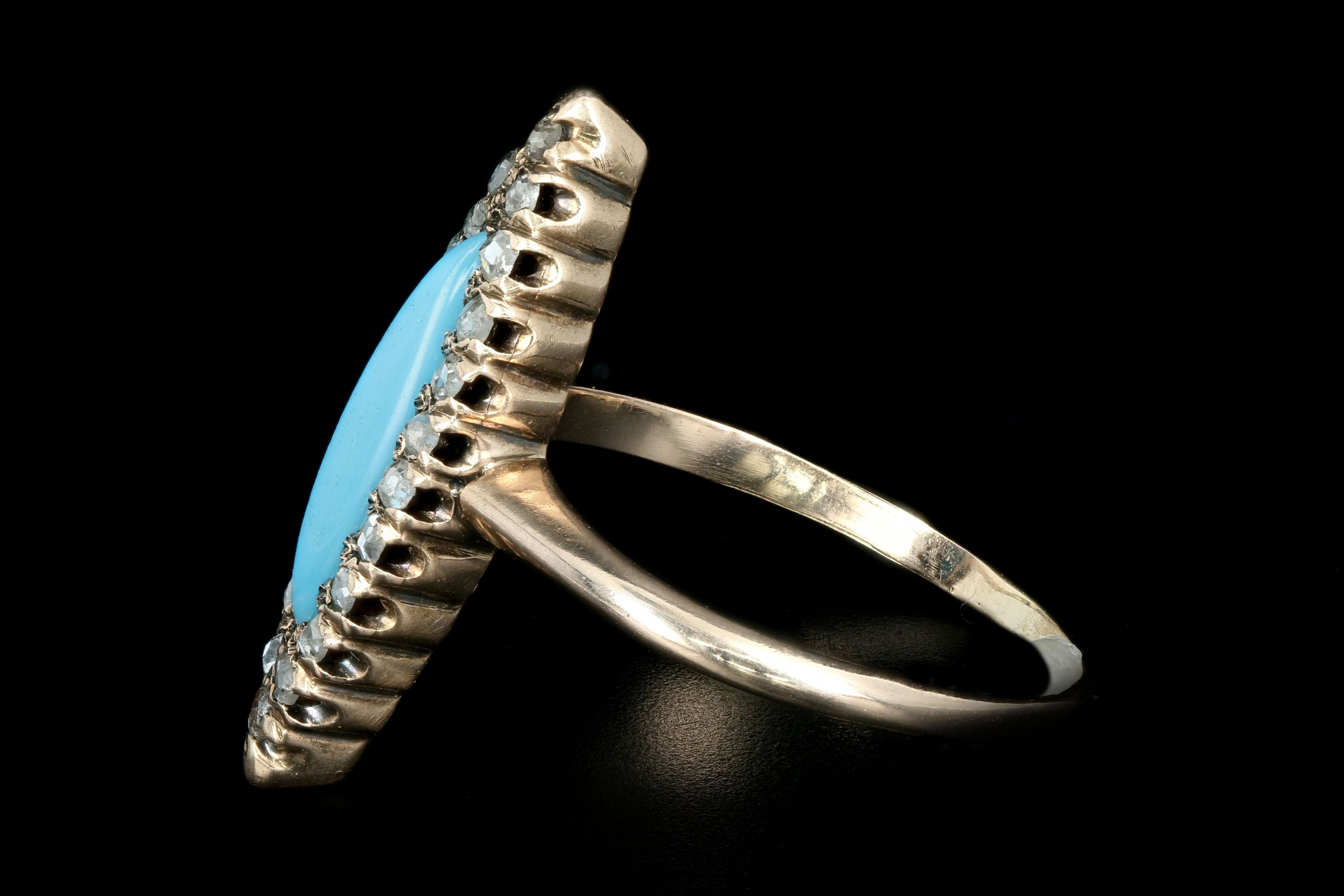 Victorian 10K Rose Gold Natural Turquoise & Rose Cut Diamond Navette Ring - Queen May