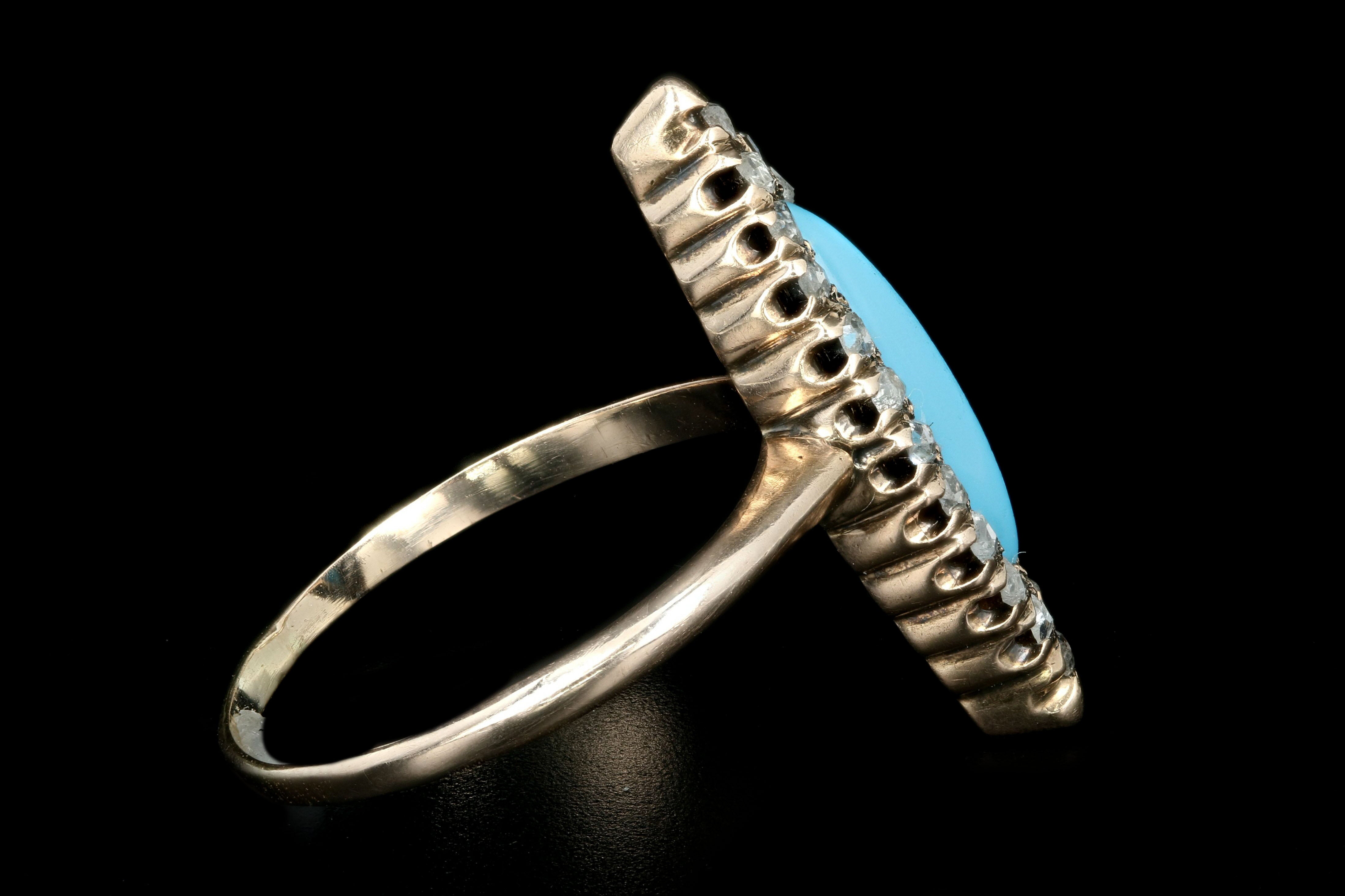 Victorian 10K Rose Gold Natural Turquoise & Rose Cut Diamond Navette Ring - Queen May