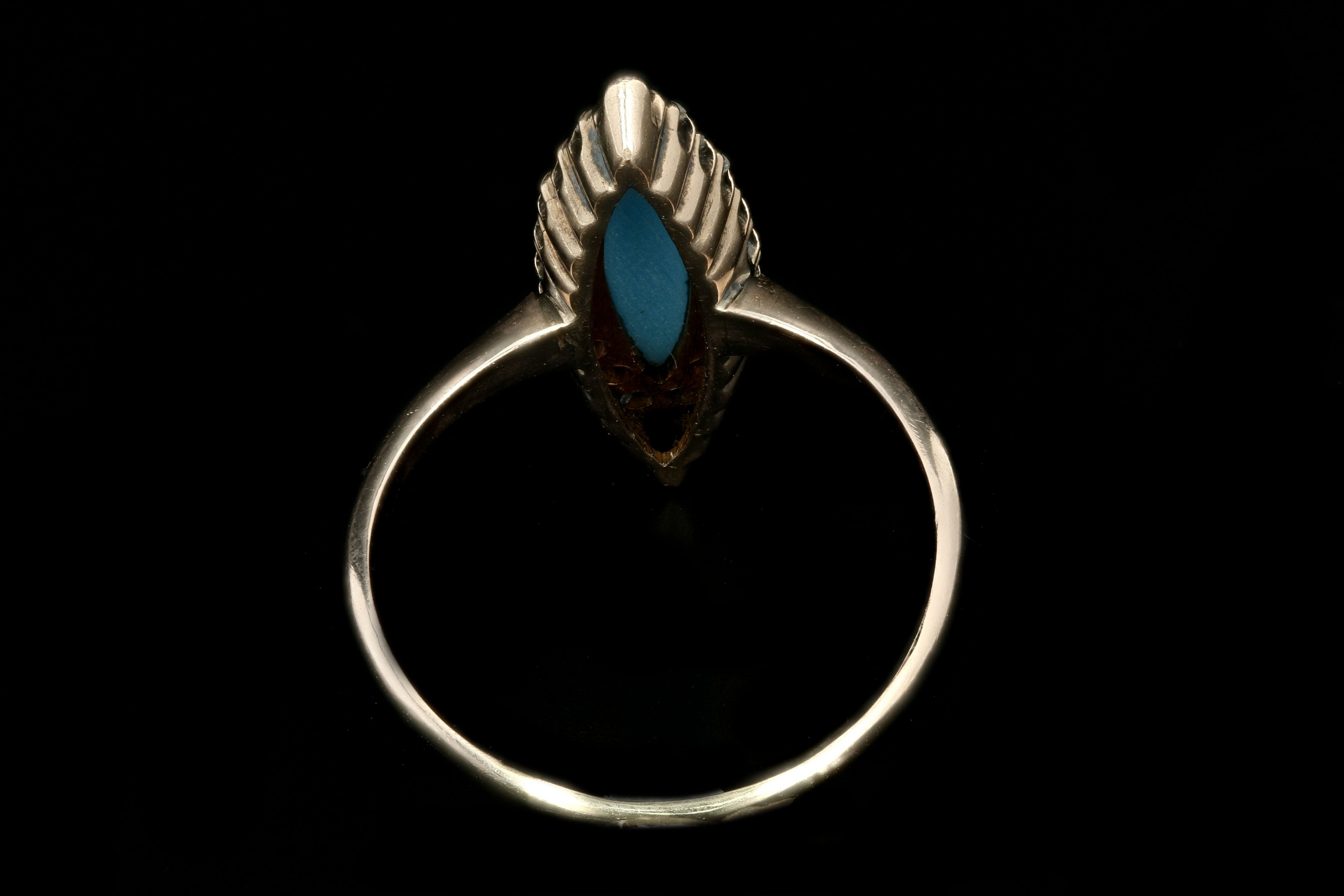 Victorian 10K Rose Gold Natural Turquoise & Rose Cut Diamond Navette Ring - Queen May