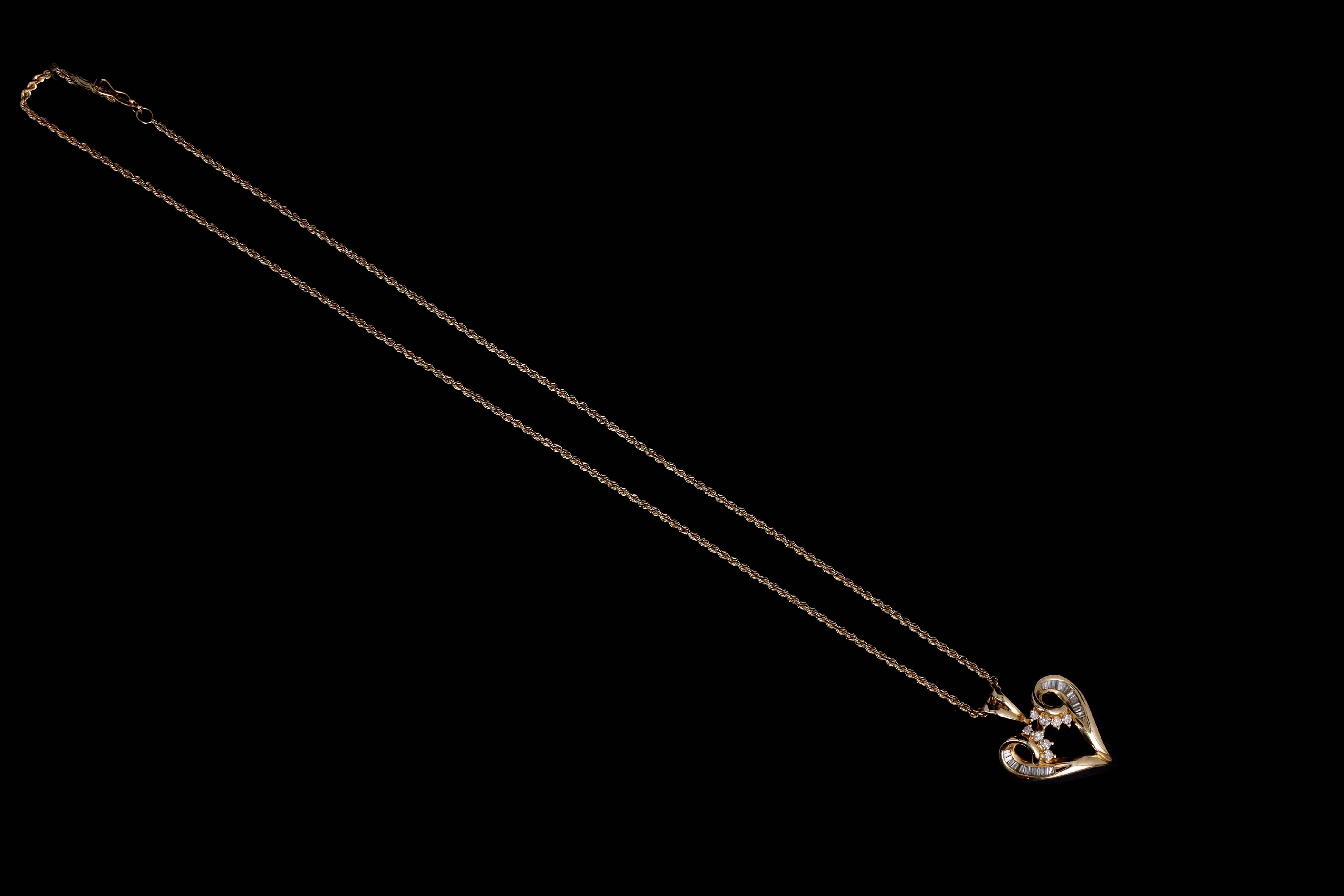 Vintage 14K Yellow Gold Baguette Diamond Heart Pendant Necklace - Queen May