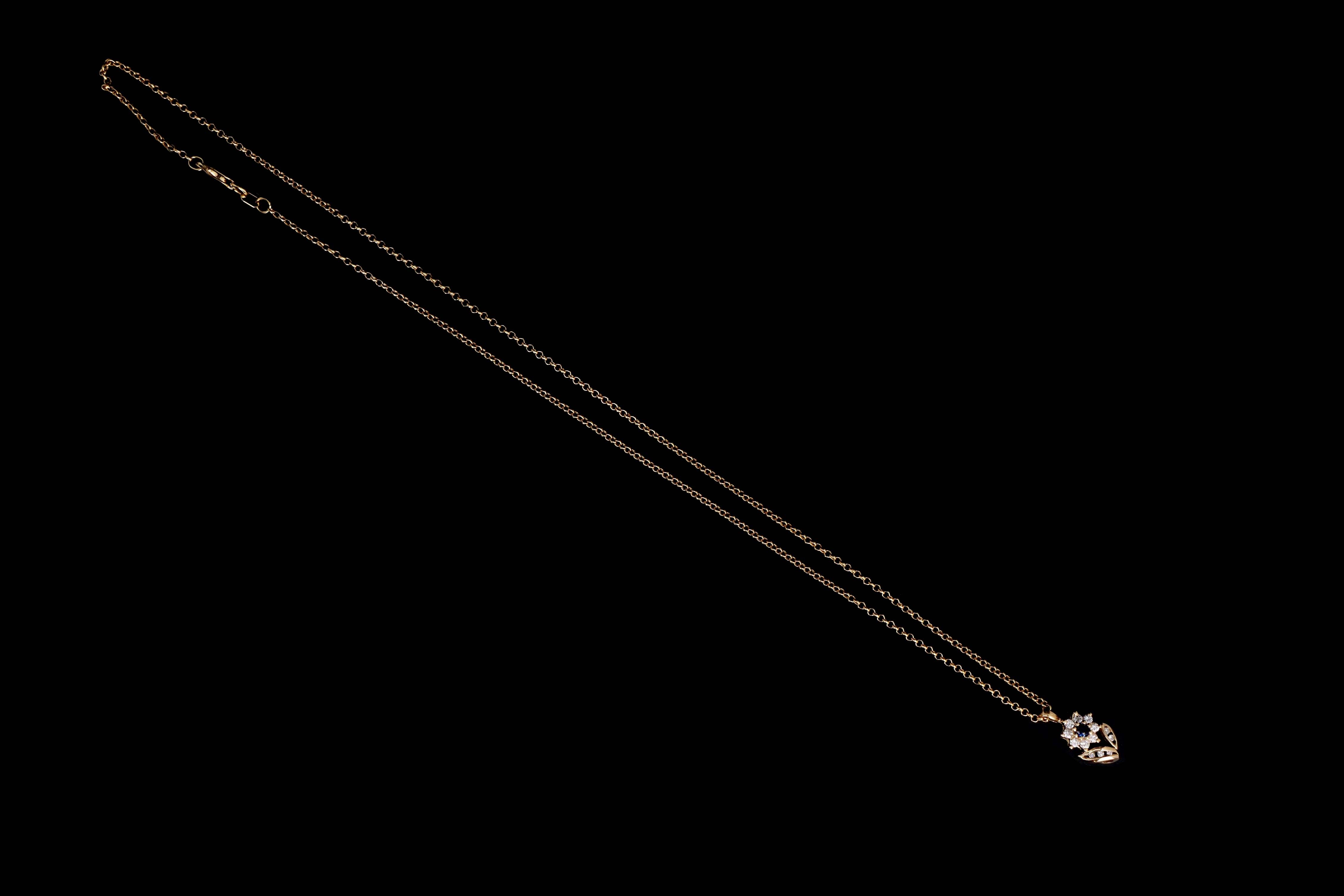 Vintage 14K Yellow Gold Sapphire & Diamond Flower Pendant Necklace - Queen May