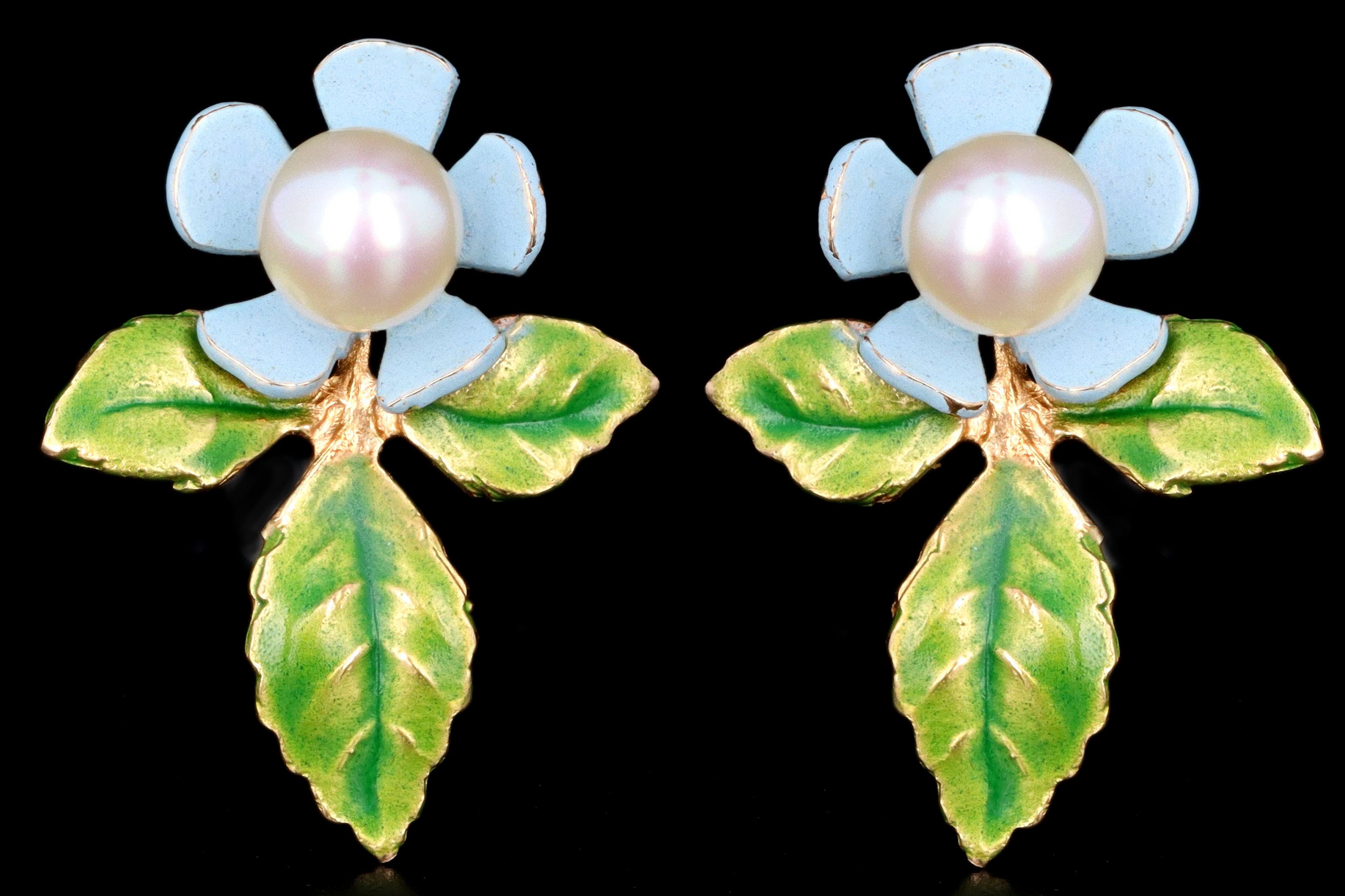 Vintage 14K Yellow Gold Enamel & Cultured Pearl Flower Stud Earrings - Queen May