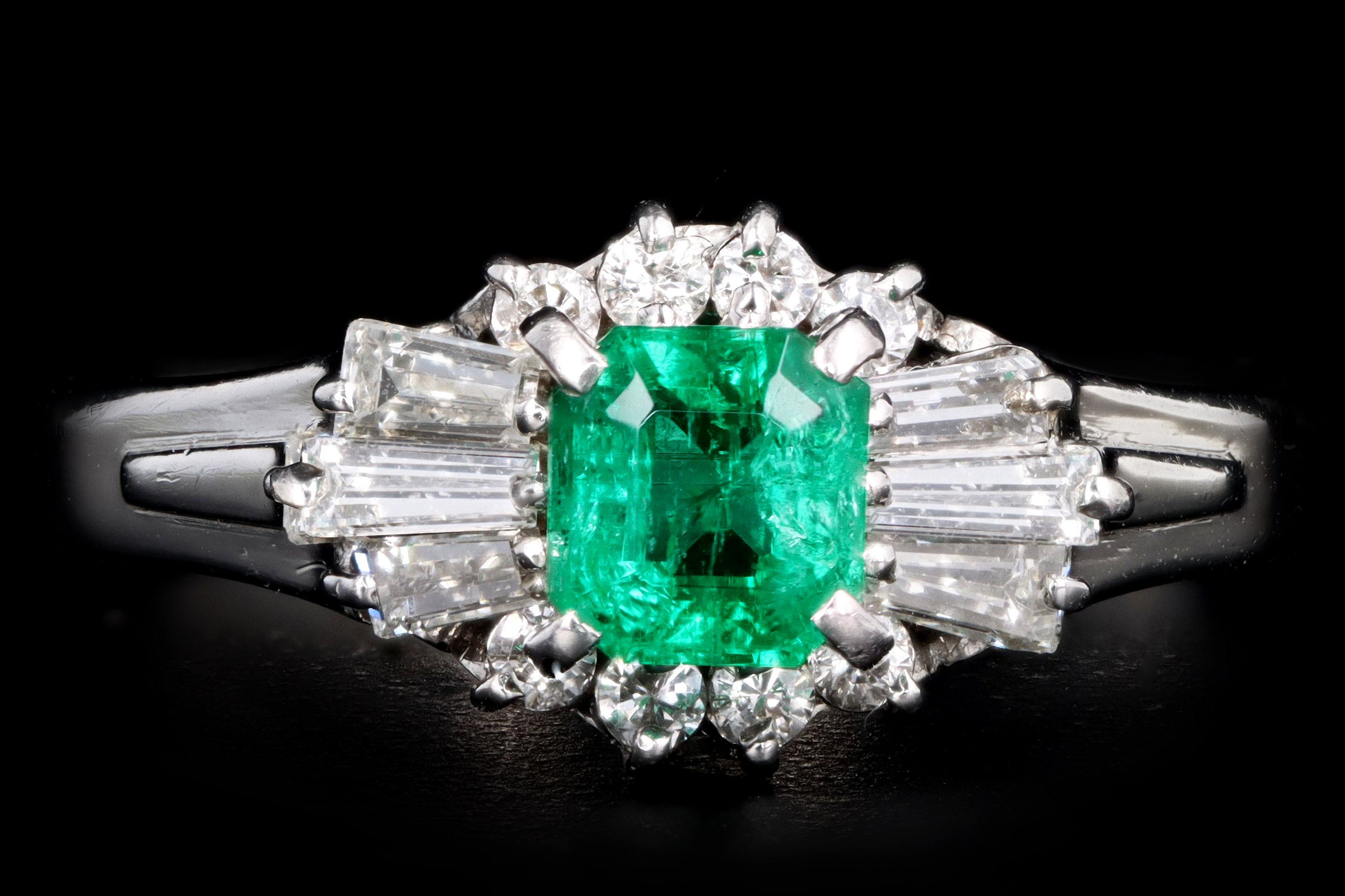 Retro Platinum .40 Carat Natural Emerald & Diamond Ballerina Ring - Queen May