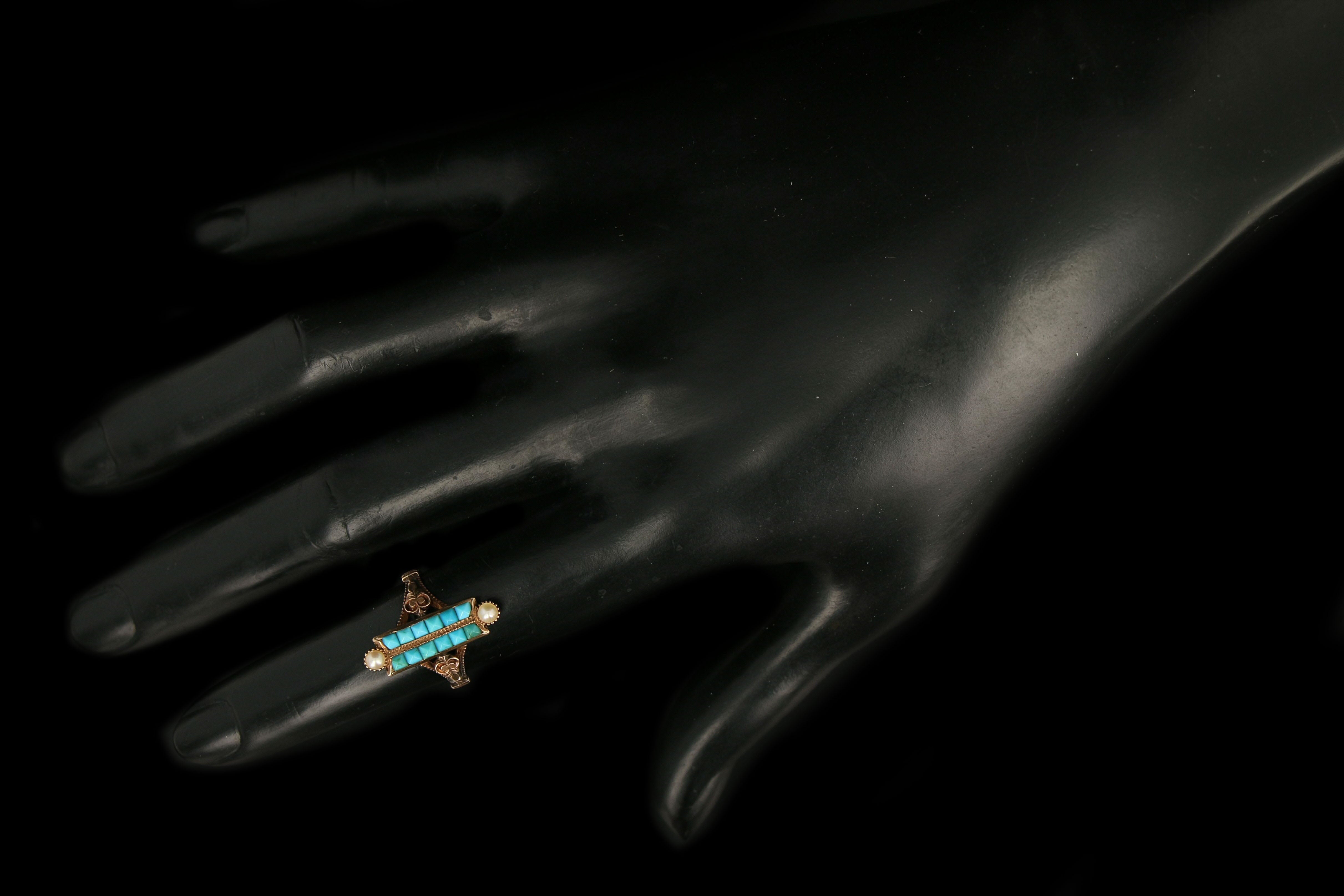 Victorian 14K Rose Gold Natural Turquoise & Pearl Ring - Queen May