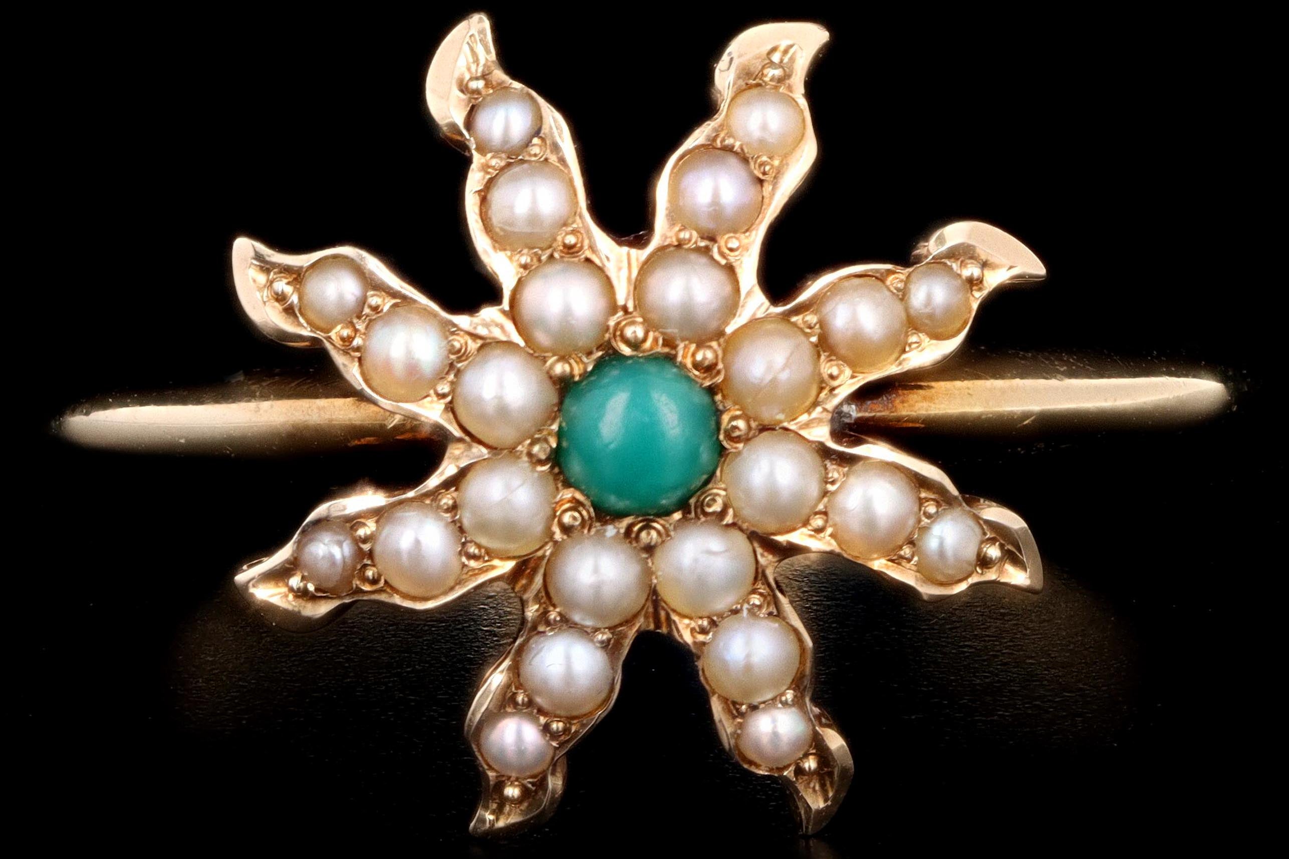 Victorian 14K Yellow Gold Chrysoprase & Seed Pearl Flower Conversion Ring - Queen May