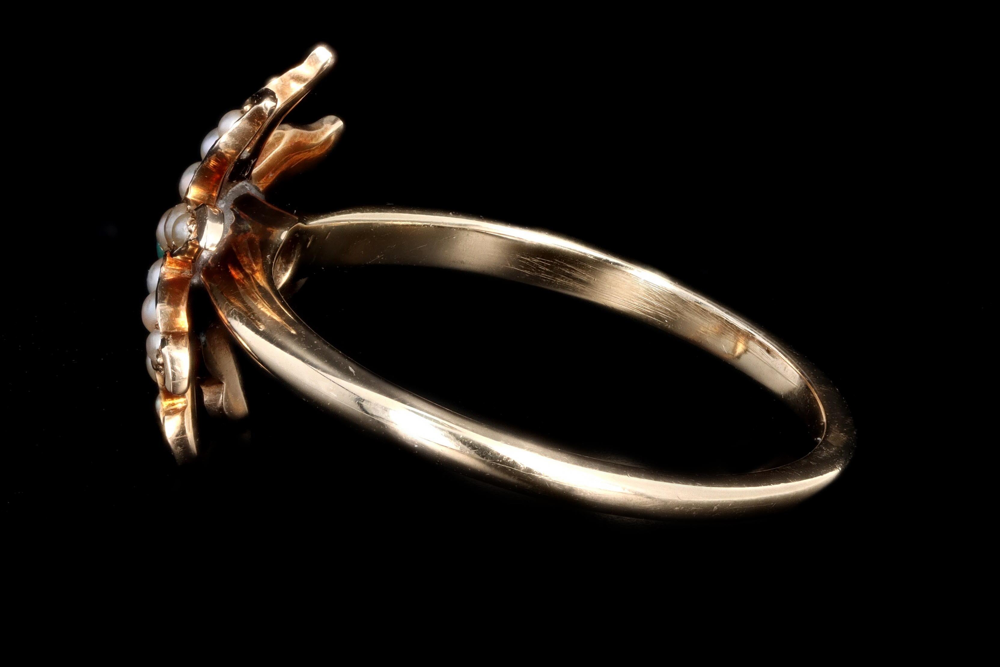 Victorian 14K Yellow Gold Chrysoprase & Seed Pearl Flower Conversion Ring - Queen May