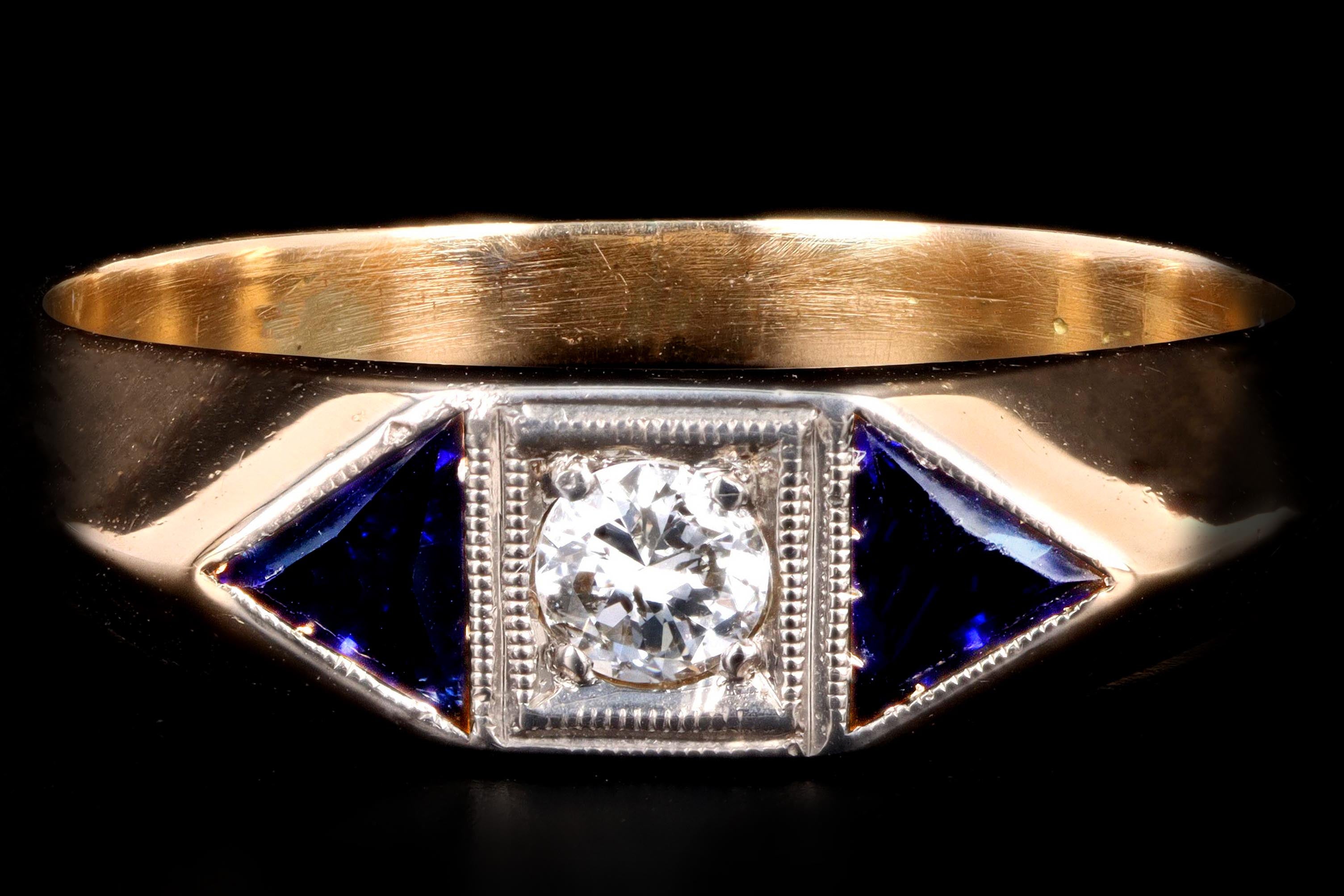 Art Deco 18K Yellow Gold Old European Cut Diamond & Synthetic Sapphire Ring - Queen May