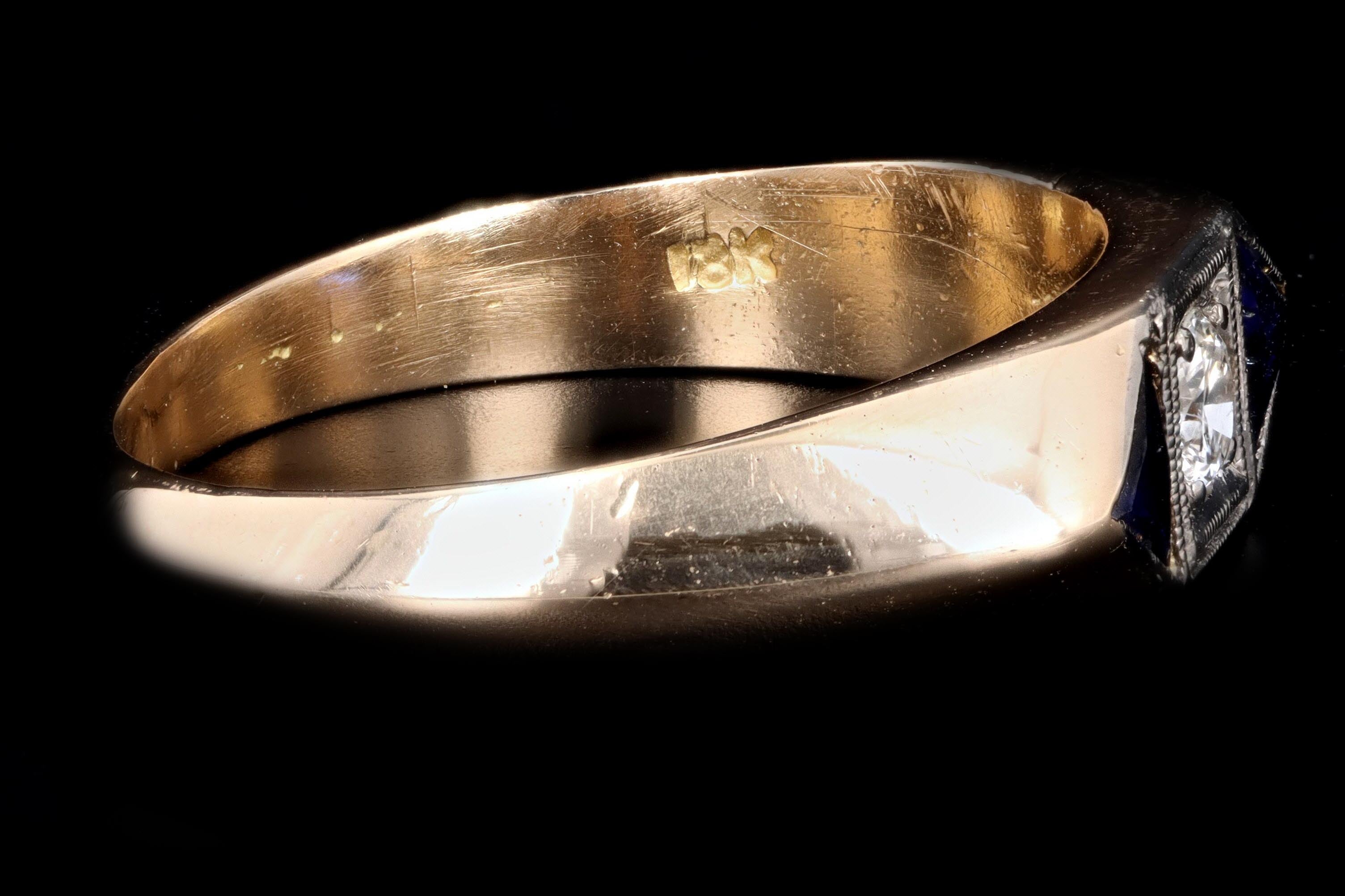 Art Deco 18K Yellow Gold Old European Cut Diamond & Synthetic Sapphire Ring - Queen May