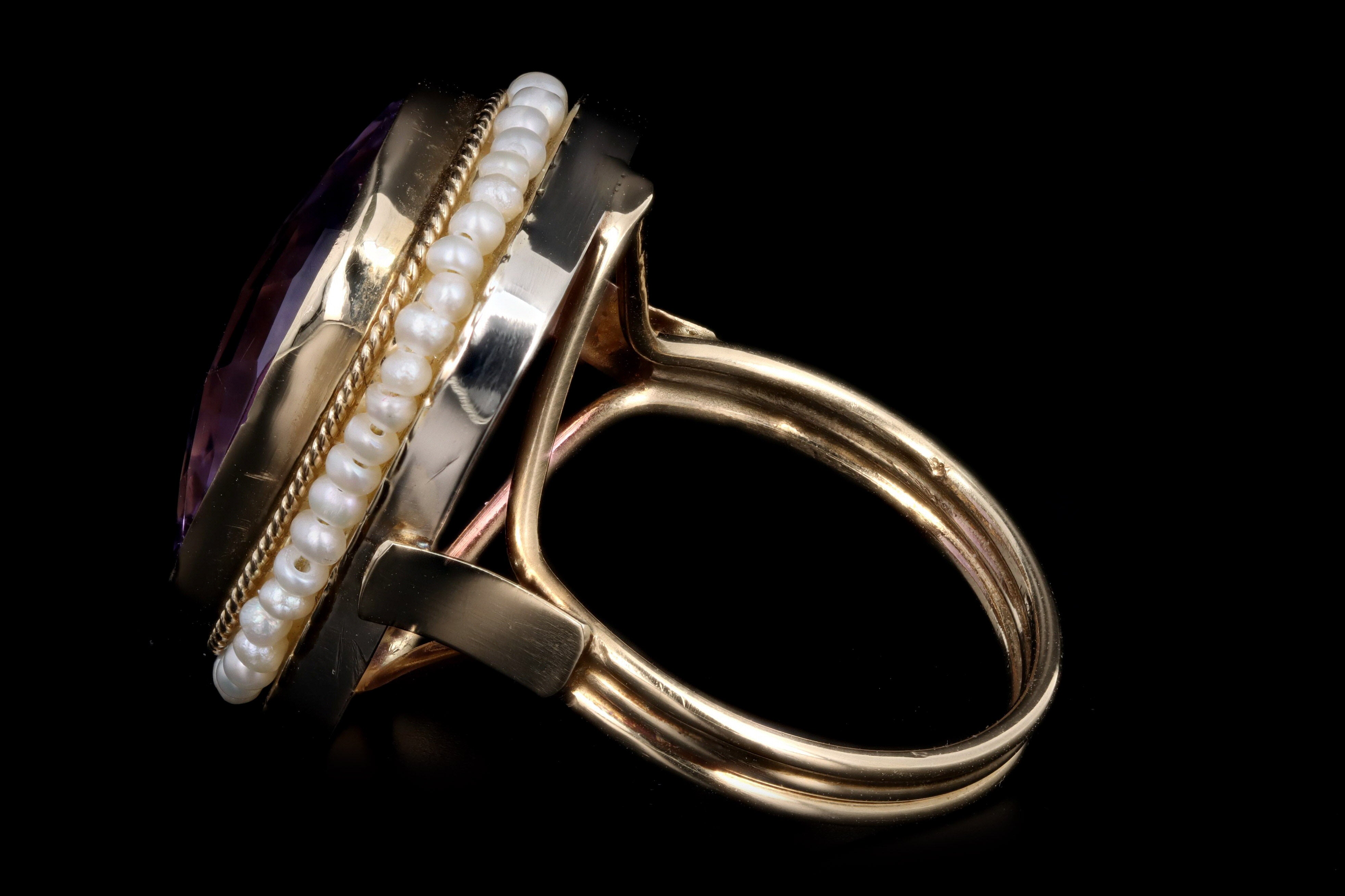 Vintage 14K Yellow Gold 11.5 Carat Amethyst & Seed Pearl Ring - Queen May
