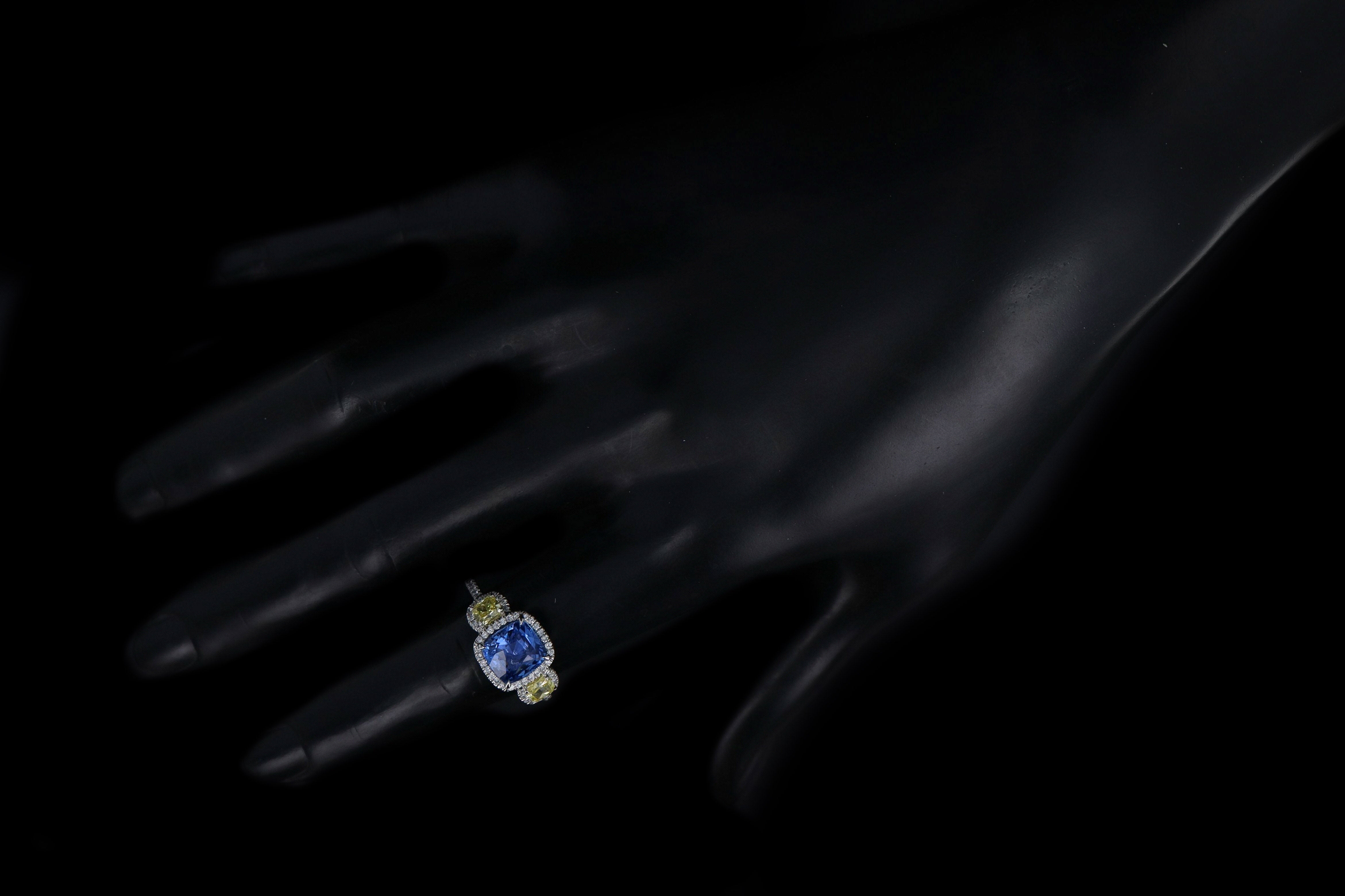 New Platinum 3.15 Carat Cushion Cut Natural No Heat Ceylon Sapphire & Yellow Diamond Ring - Queen May