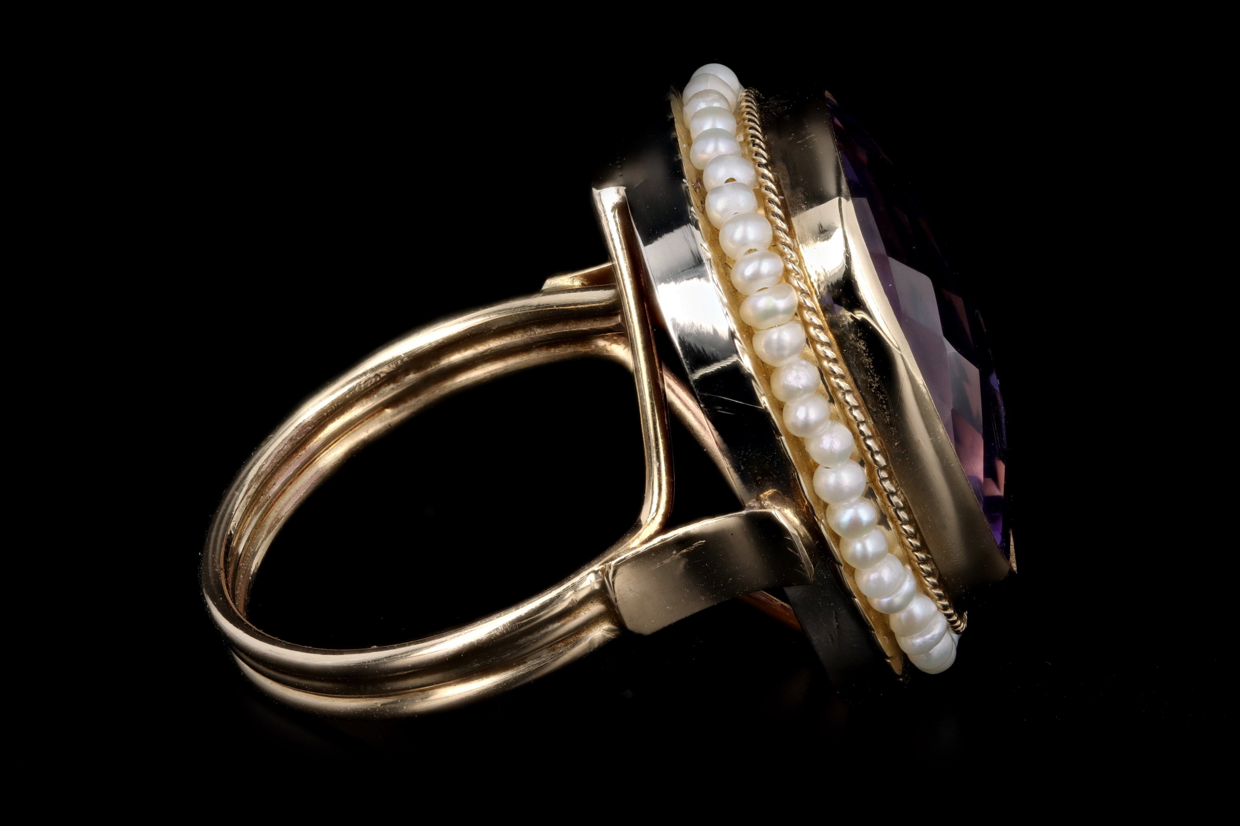 Vintage 14K Yellow Gold 11.5 Carat Amethyst & Seed Pearl Ring - Queen May