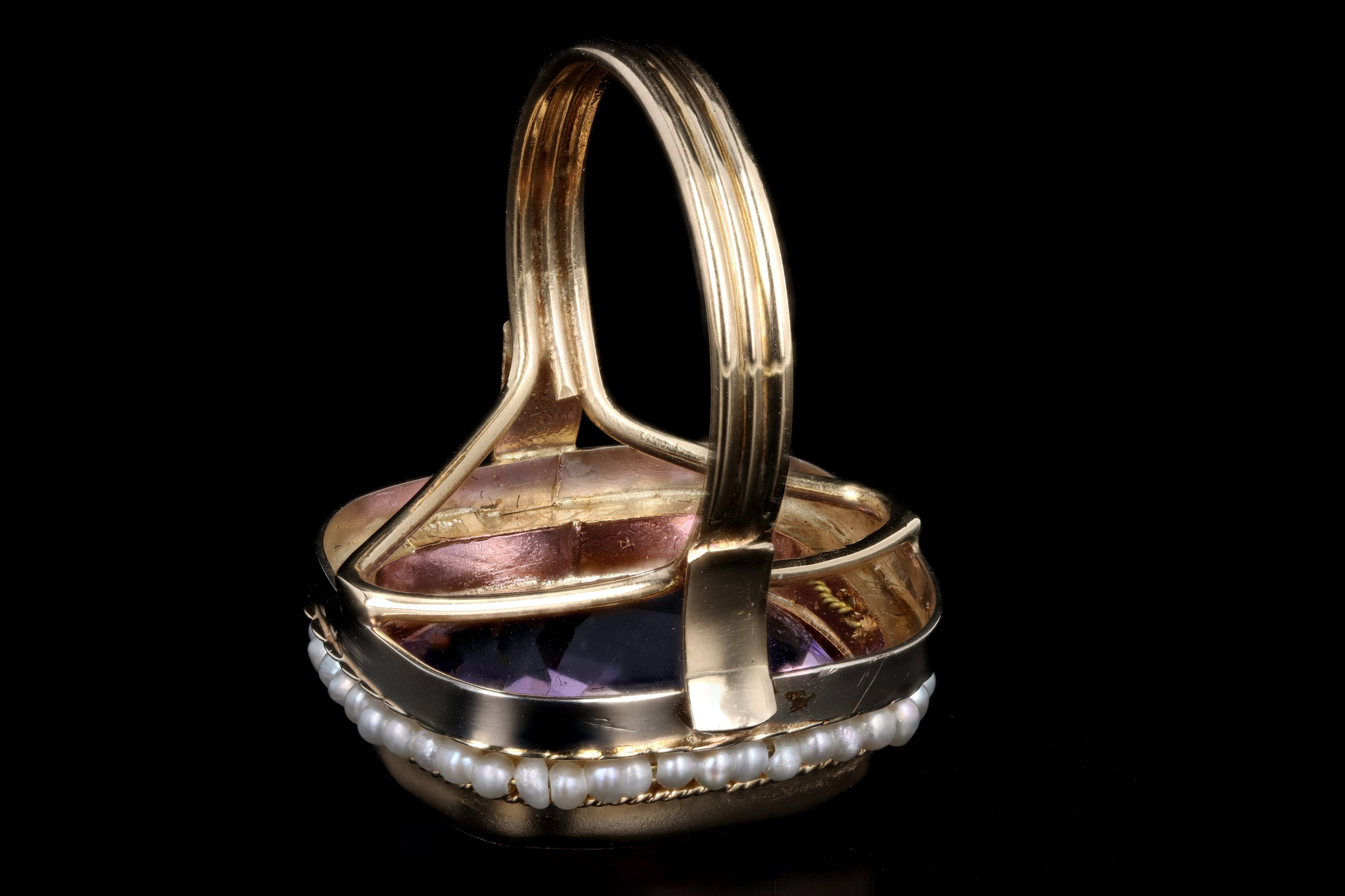 Vintage 14K Yellow Gold 11.5 Carat Amethyst & Seed Pearl Ring - Queen May