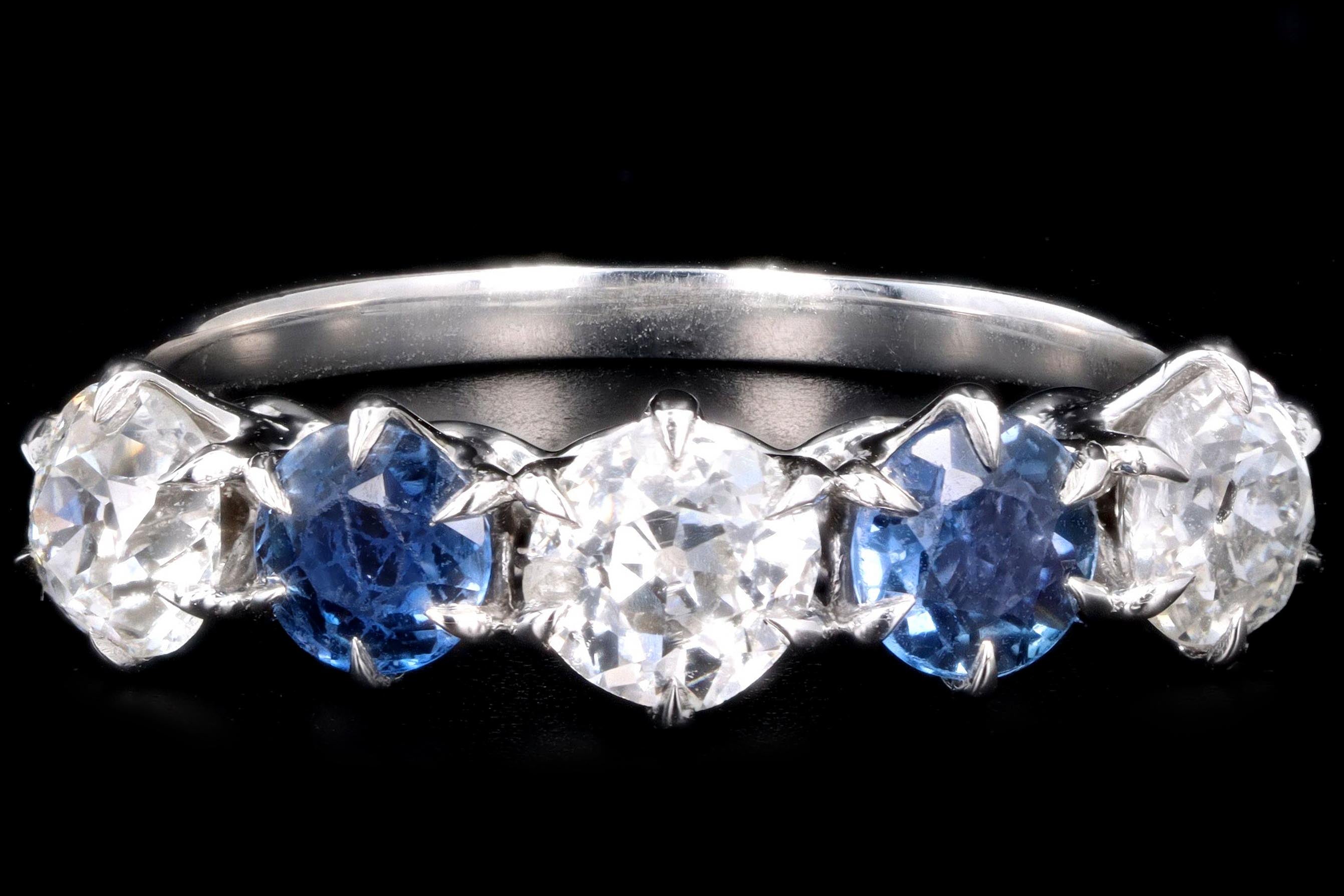 New Vintage Inspired Platinum Old Mine Cut Diamond & Yogo Gulch Sapphire Five Stone Band - Queen May