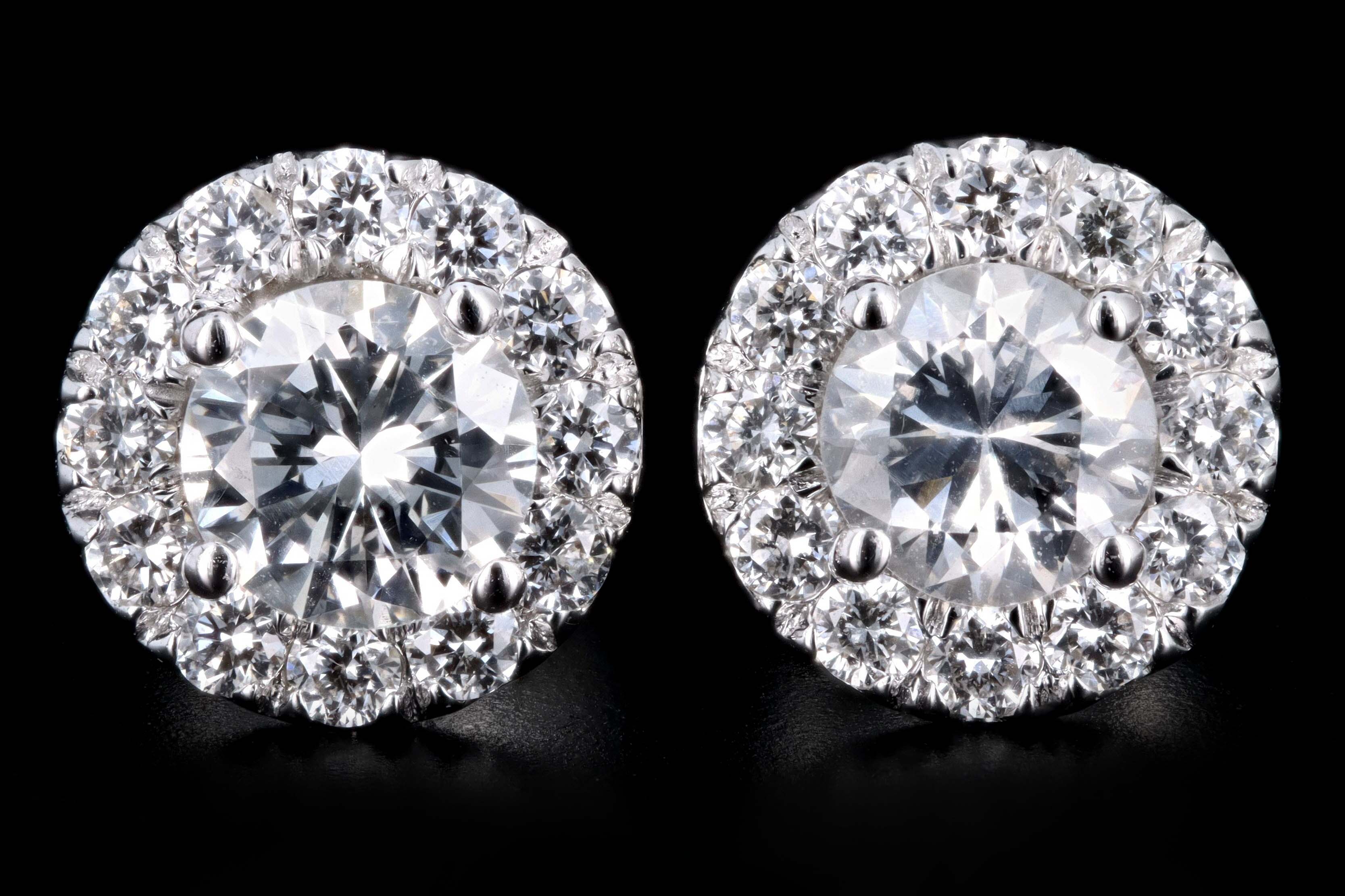 New 18K White Gold .75 Carat Round Brilliant Cut Diamond Halo Stud Earrings - Queen May