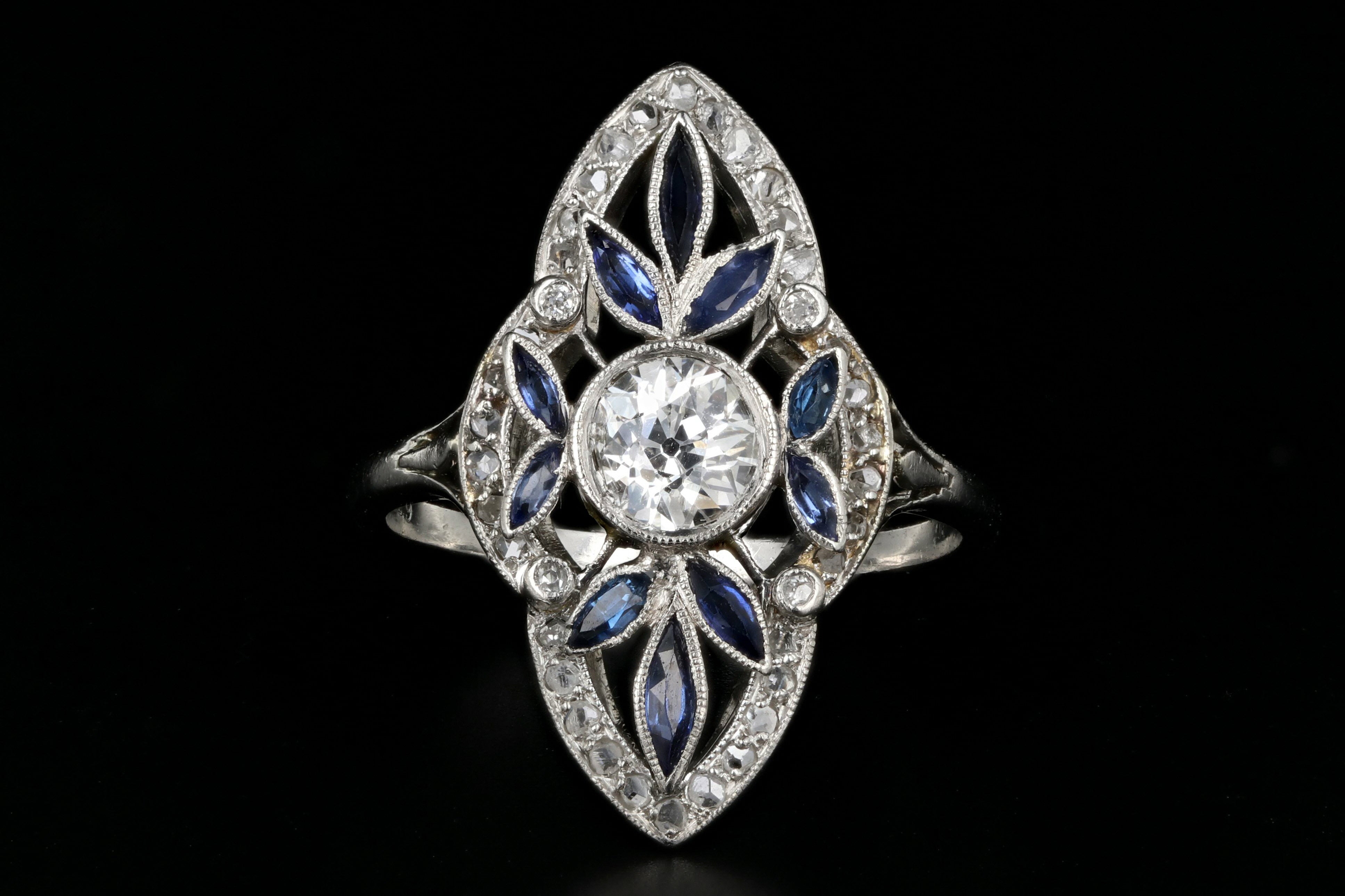 Rare Art Deco Platinum .5 Carat Old European Cut Diamond & Natural Sapphire Ring - Queen May